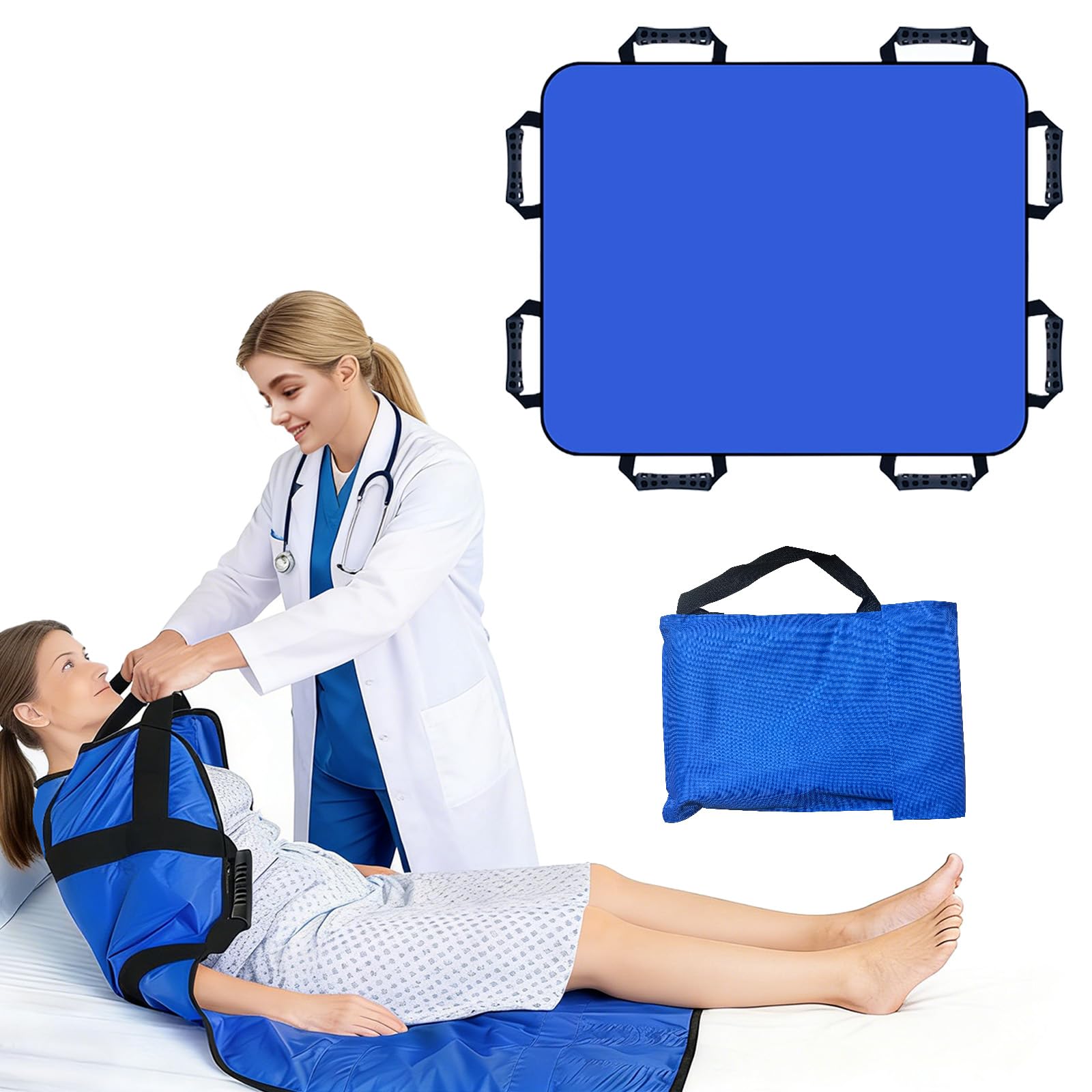 Toalla para pacientes, 100 x 120 cm, con 8 asas, sábana de transferencia y ayuda de almacenamiento para enfermería, transferencia de ancianos y cama para transferencias de pacientes