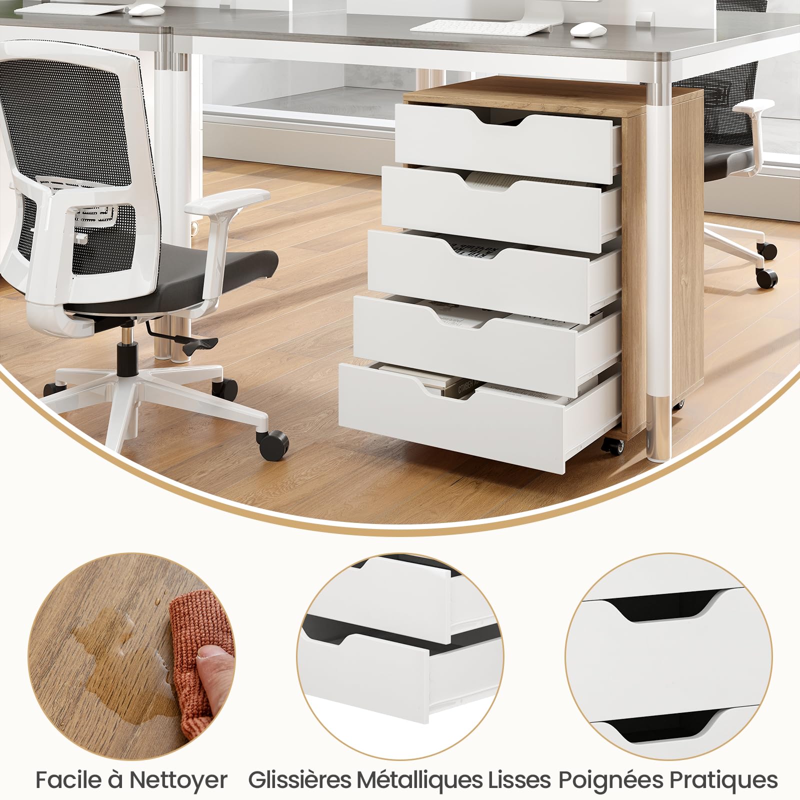 GOPLUS Caisson Bureau avec 5 Tiroirs à Roulettes en Bois, 49x40x65CM, Meuble Rangement Bureau Mobile avec Support Imprimante, Rangement à 5 Niveaux pour A4, Document, Format, Lettre, Idéal pour Maison