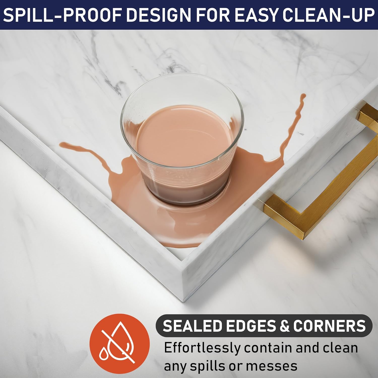 Acrylic Serving Tray with Gold Handles, 16" x 12" Decorative Tray for Coffee Table, Spill-Proof Server for Food and Drinks. Multipurpose for Kitchen, Countertop, Vanity, Ottoman, and Parties (Marble)