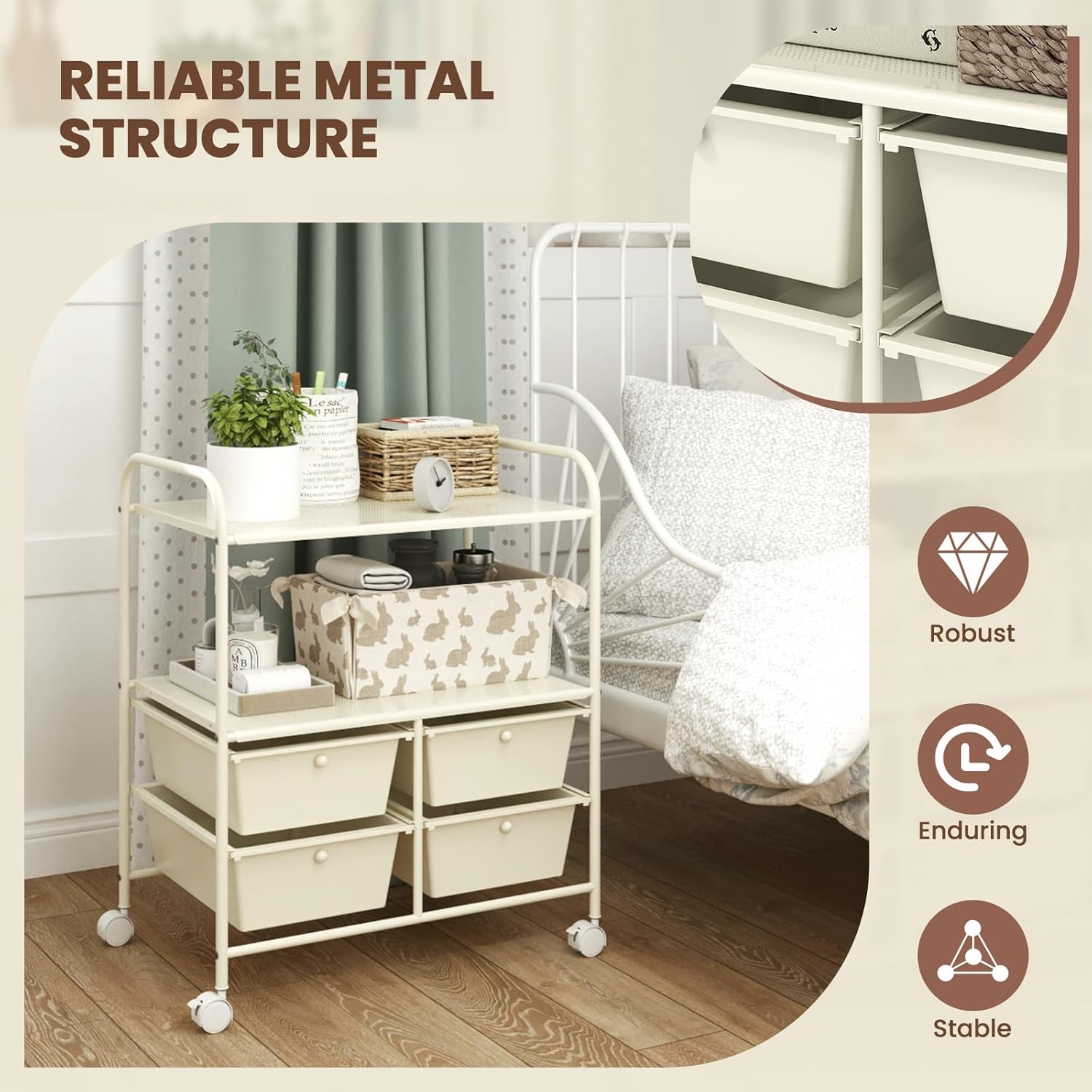 GOFLAME 4-Drawer Rolling Storage Cart with 2 Shelves, Mobile Utility Cart with Removable Drawers and Metal Frame, Art Craft Drawer Cart with Lockable Wheels for Home, Office, School, Studio, White
