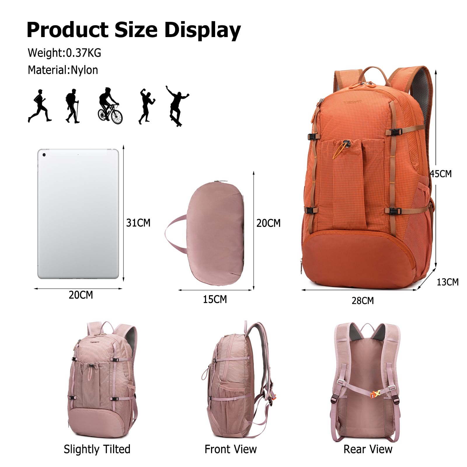 Zaino Pieghevole Zaino 20 L Leggero Impermeabile Zaini Hiking Backpack per Donna Uomo Campeggio Trekking Colore Caramello