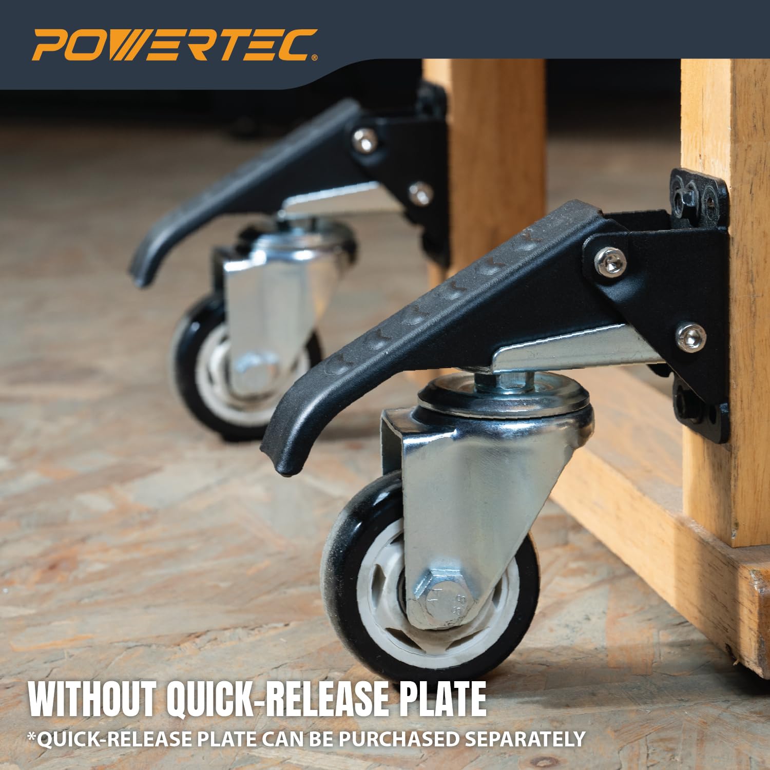 POWERTEC Workbench Caster Kit Set of 4 with Side Mounting Options & 400 lbs Loads, 3 Inch Retractable Stepdown Caster Wheels for Workbenches, Tables, Stands and Equipments (17001R)