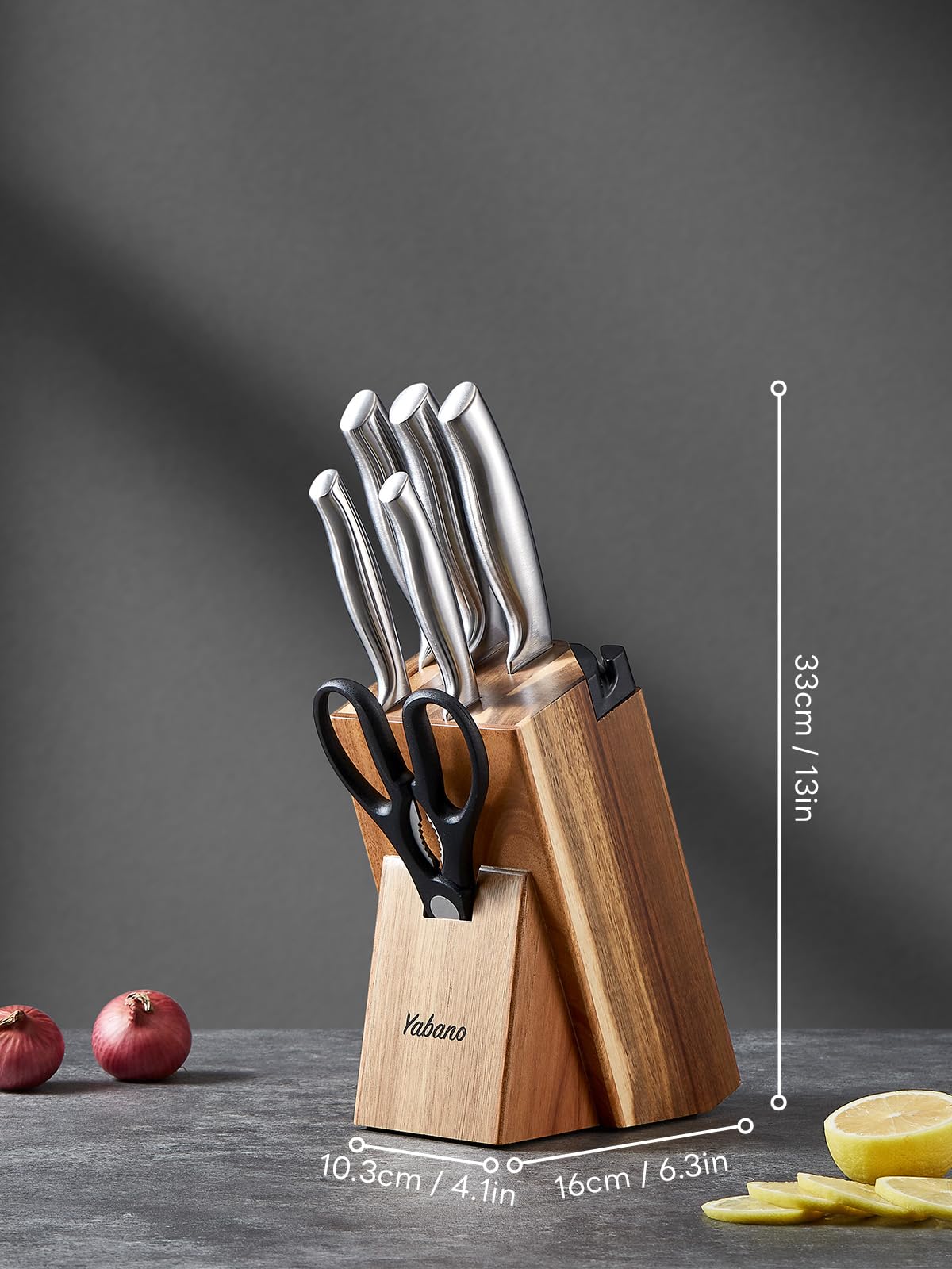 Yabano Couteaux de Cuisine, 7 pièces Bloc de Couteaux en Acier Inoxydable Allemand avec Aiguiseur Intégré, Ensemble de Couteaux avec Ciseaux et Bloc, Couteaux Professionnels pour la C