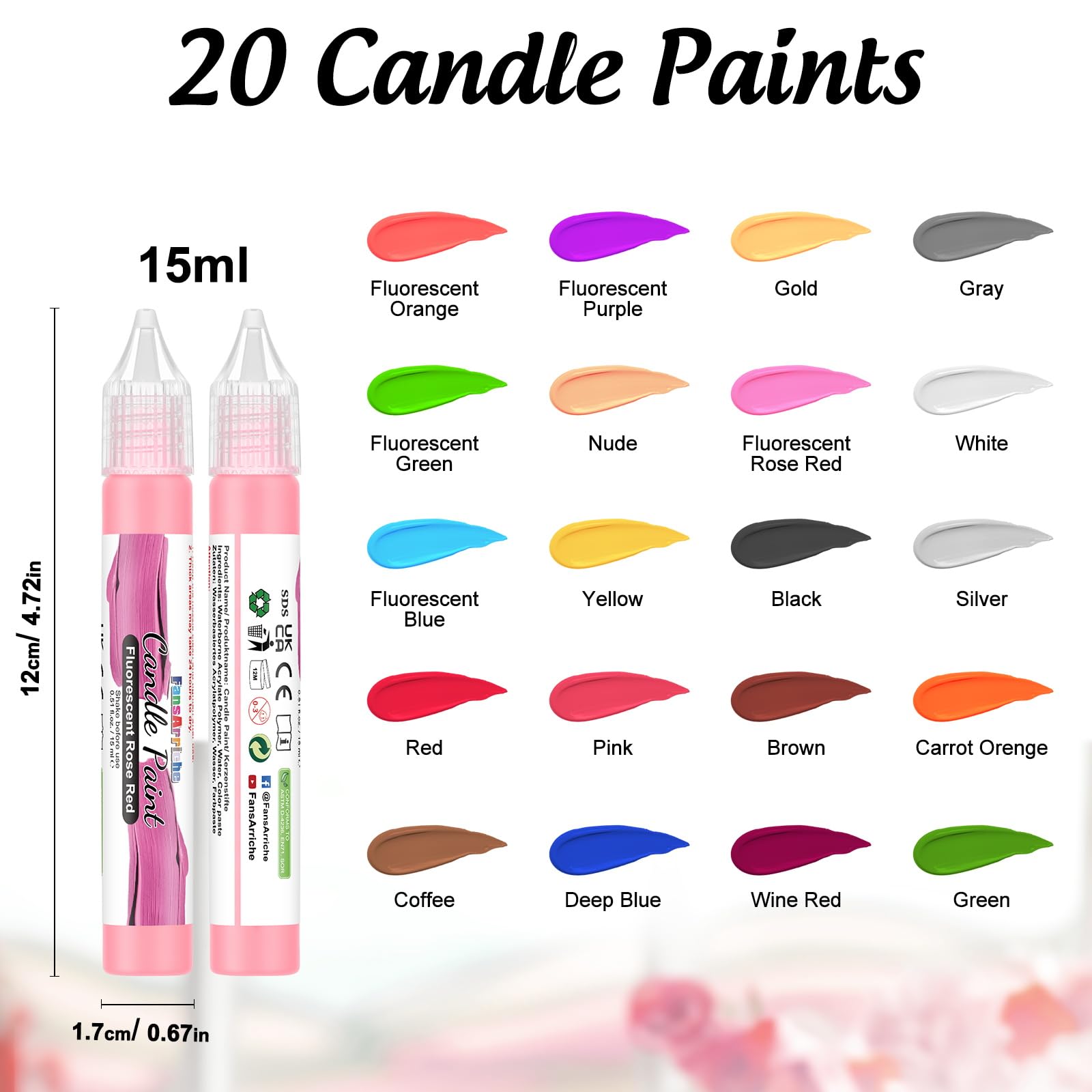 FansArriche Candle Paint, 20 x 15 ml Candle Wax Pen Set for Candle Making, Water-Based Candle Pen for Candle Painting and Decorating with Fine Painting Tip