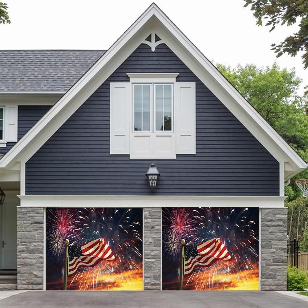 Leyiyi 7x8ft American Flag Garage Door Decorations Banner Fireworks Patriotic 4th of July Garage Door Cover Independence Day Garage Door Banner for Memorial Veterans Day Party Decoration Banner