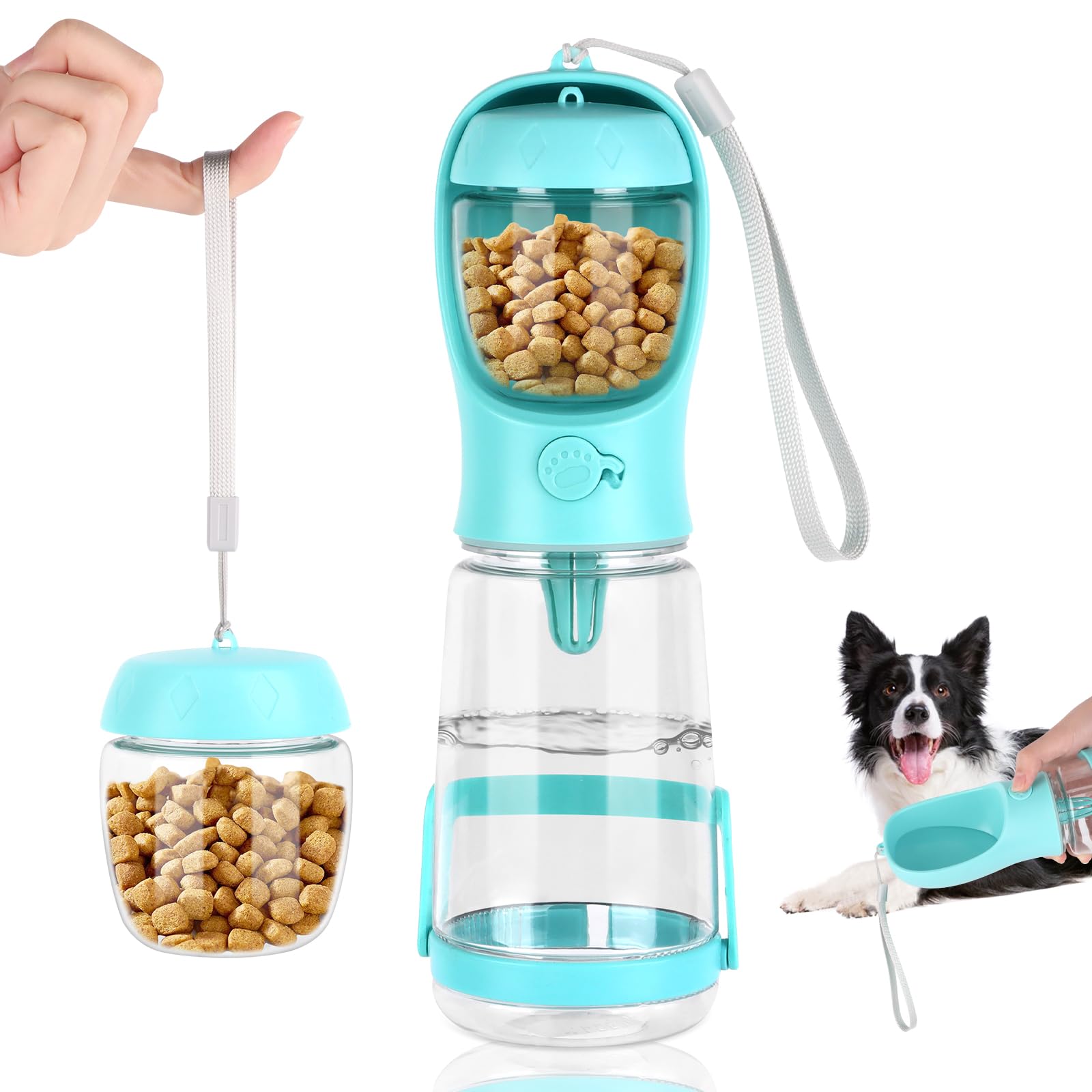 VFANDV Botella de Agua para Mascotas, Botella para Perros para Viajes, con Soporte contra Derrames y Dispensador de Comida, con 80ml Recipiente de Comida, para Caminar Viajar Acampar (Azul, 550ML)