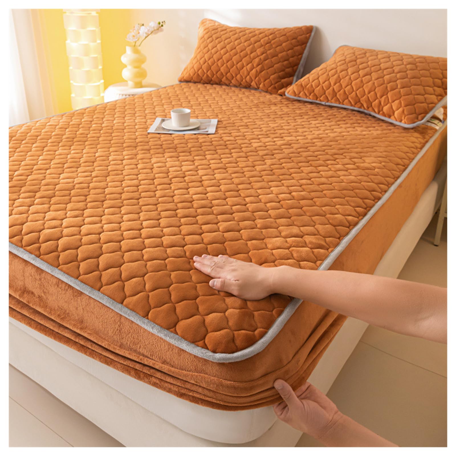 GOFOHIMI Thickened Quilted Fitted Sheet Protector with 2 pillowcases,All-Inclusive Stretch Bed Sheet Mattress Protective Cover Milk Fleece Bedspread for Bedroom Decor,orange,90 * 200cm