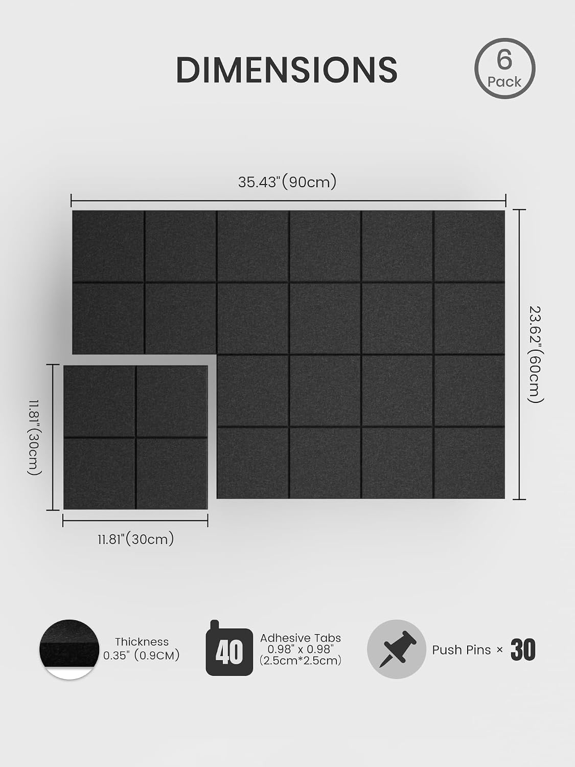 Bumusty Large Felt Bulletin Board, 36" x 24" Cork Board Alternative, 6-Pack Wall Tiles with 4-Compartment Design, 30 Push Pins, 40 Adhesive Tabs, Ideal for Office & Home Decor, Black