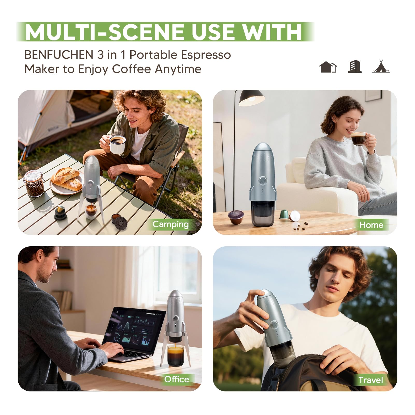 Macchina per caffè espresso portatile 3 in 1, macchina per espresso elettrica auto-riscaldante, caffettiera da viaggio a 19 bar con caffè macinato e cialda NES PRESSO/DolceGusto, grigio spazio