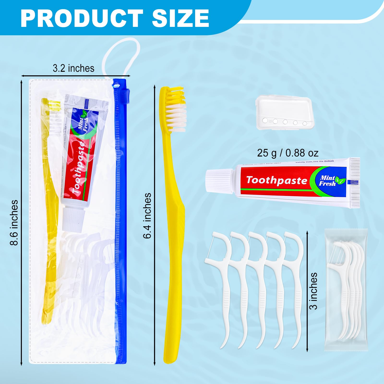 Set di 100 spazzolini da denti usa e getta con dentifricio e filo interdentale, gialli confezionati singolarmente, usa e getta, con custodia con cerniera, per senzatetto, hotel, ospiti