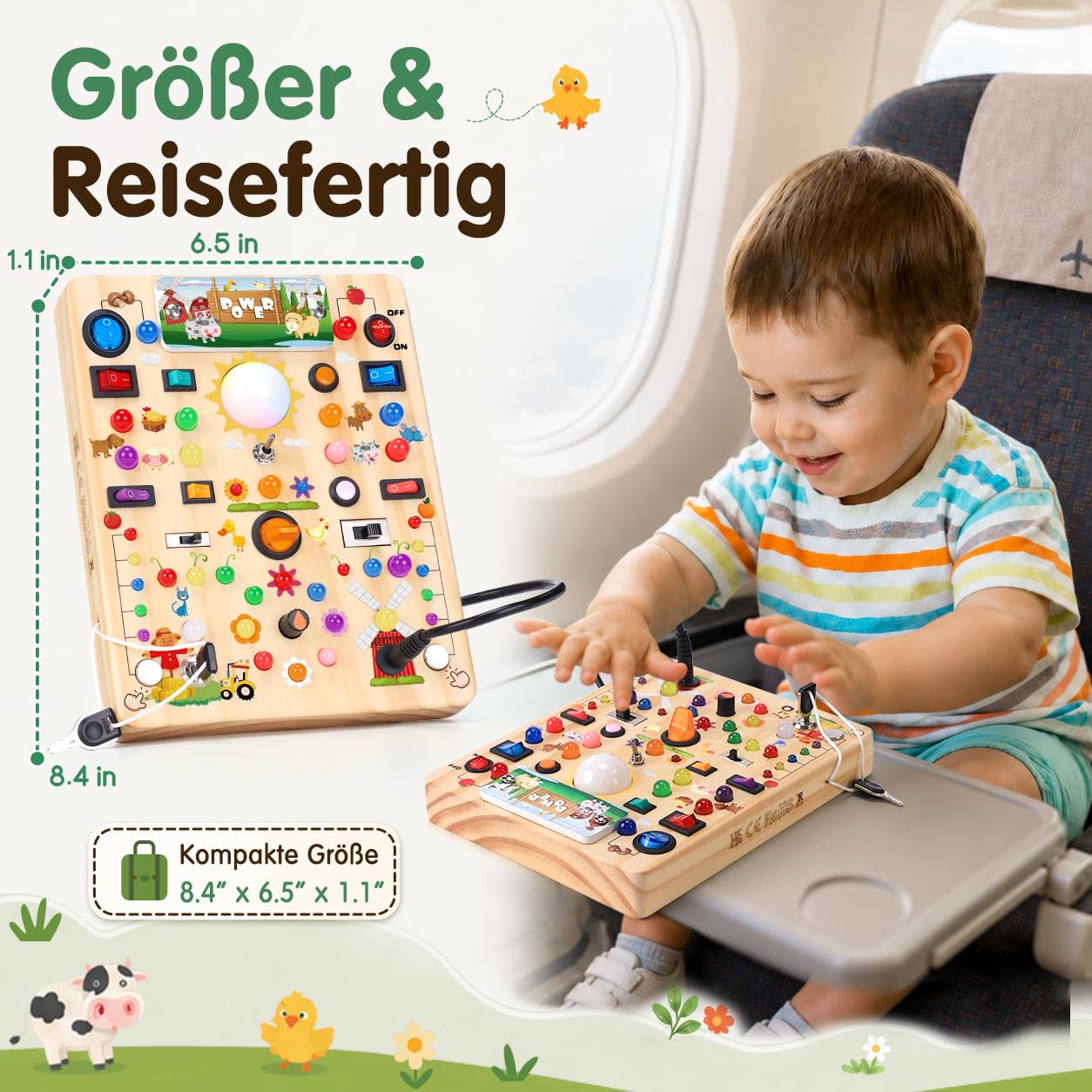 Montessori Giocattolo Busy Board a partire da 1 anno Activity Board in legno fattoria | Giocattolo per abilità motorie con 19 interruttori, 40 luci LED, giocattolo per bambini, regalo per ragazzi e ragazze