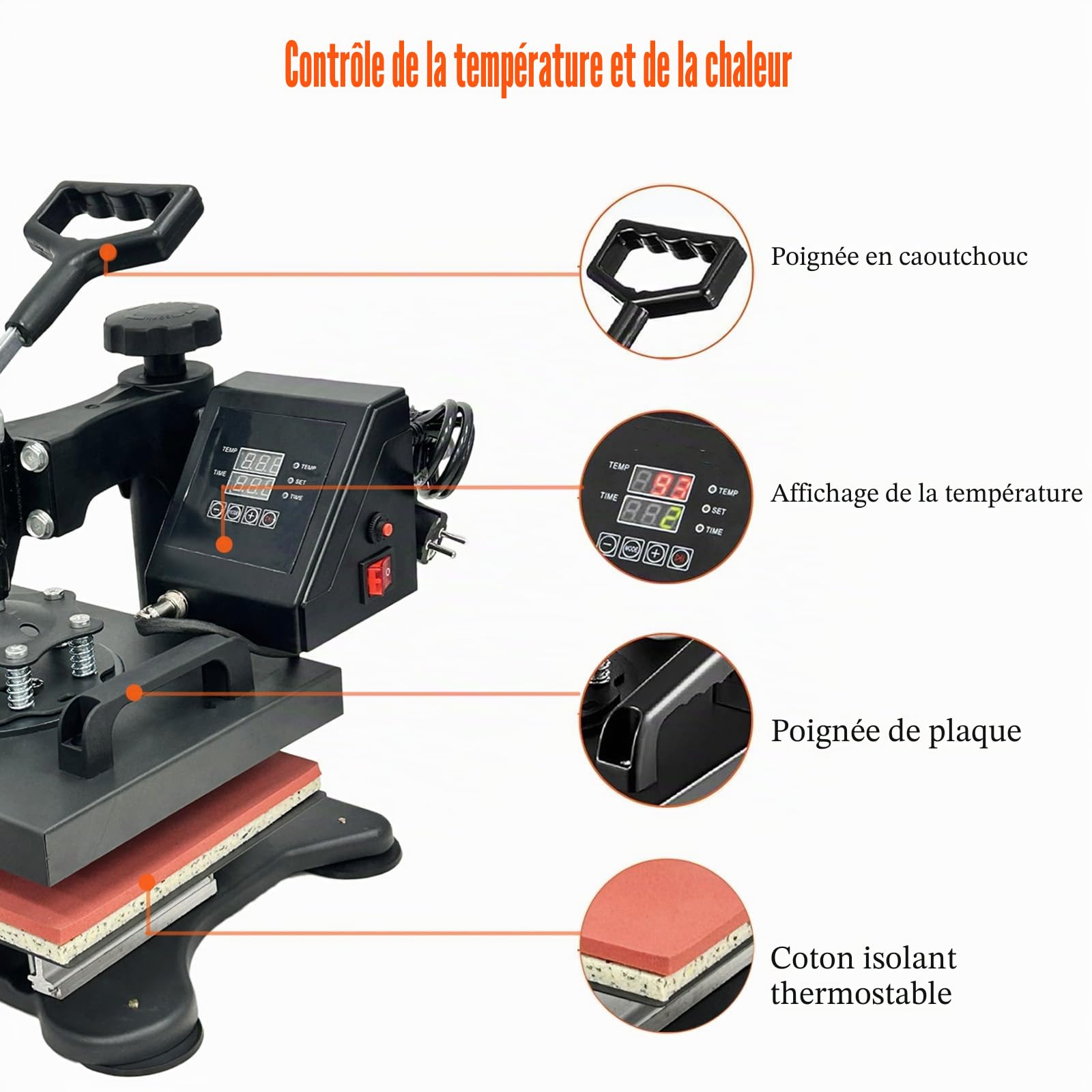 5 en 1 Presse à Chaud 25 x 30 cm Presse de la Chaleur Machine de Sublimation Textile Heat Press Pivotant à 360 Degrés pour T-Shirts/Assiettes/Casquettes/Tasses/couvertures