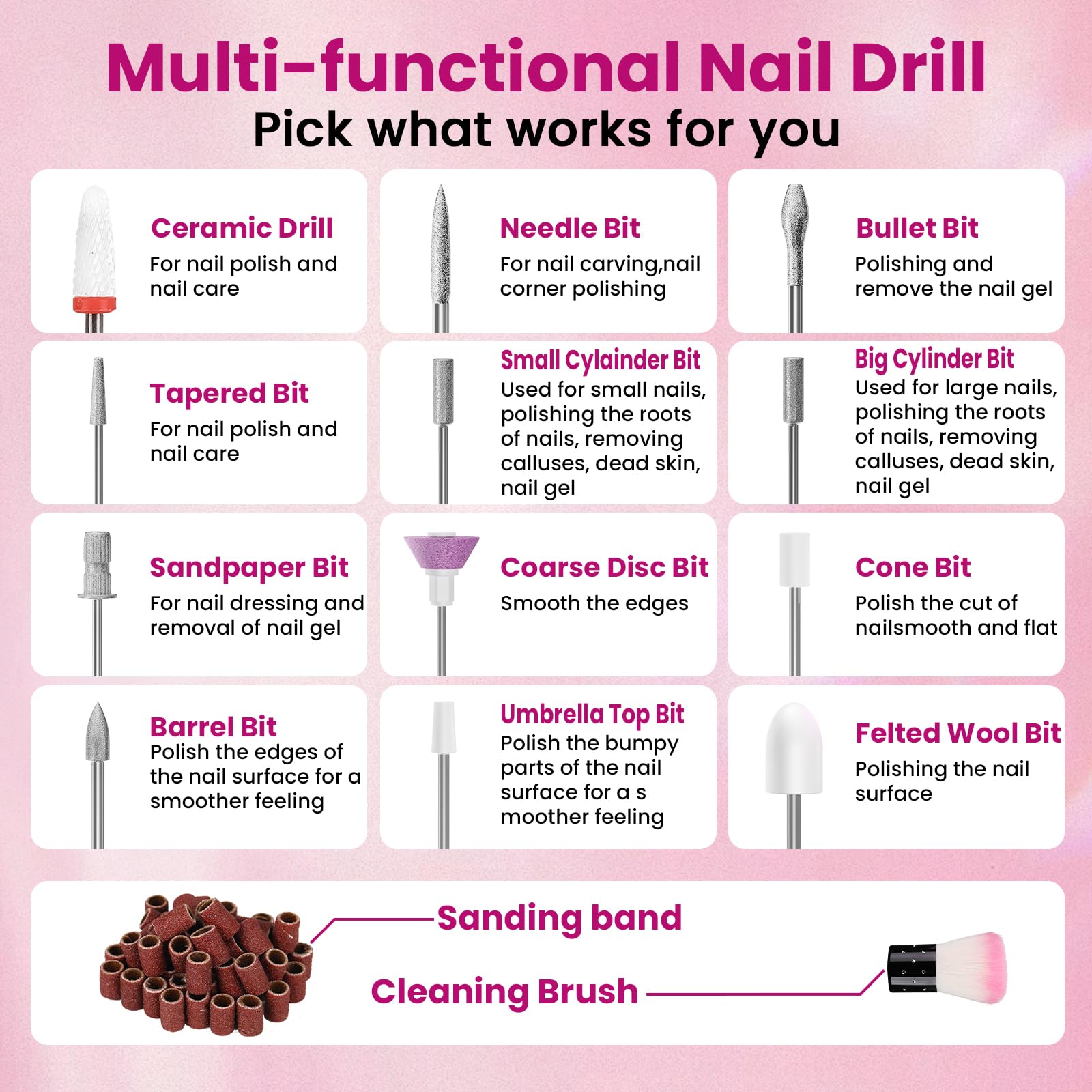 PKBD 45000RPM Professional Portable Nail Drill Machine for Gel Nails, Rechargeable Electric Nail Files Set with 11 bits and LCD Display, Pink