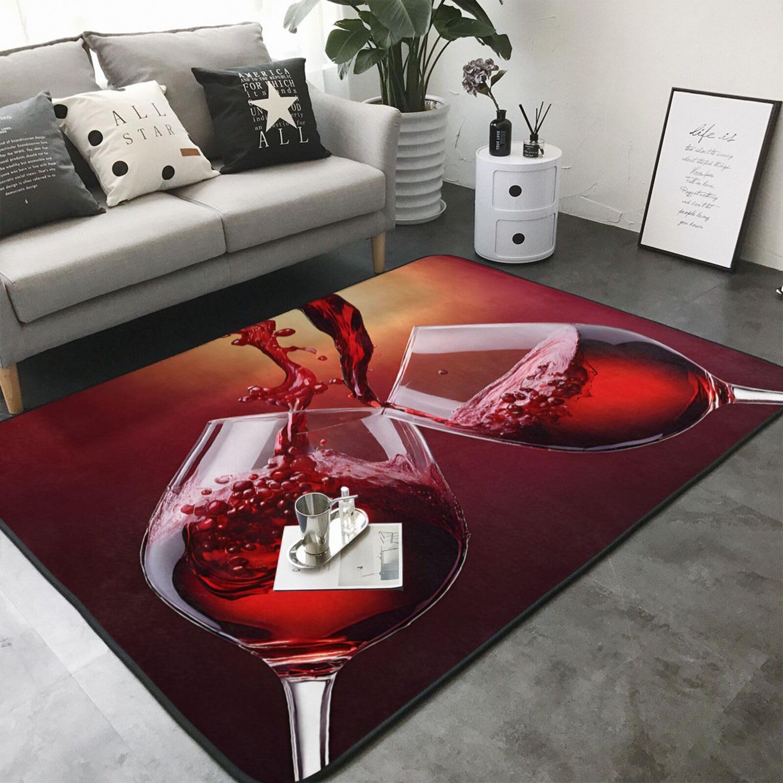 Red Wine Glass Cheers Print Living Room Anti Slip and Absorbent Carpet, Indoor Bedroom Bed Floor Mat, Ultra Soft Washable Carpet 80x58 in