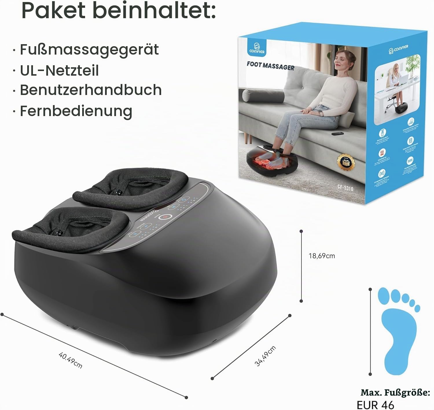 COMFIER Fußmassagegerät mit Wärme, Fussmassagegerät Elektrisch, Tiefenknet Shiatsu fußmassage für Plantarfasziitis & Neuropathie, Geschenke für Frauen, Männer, Bis Schuhgröße 47