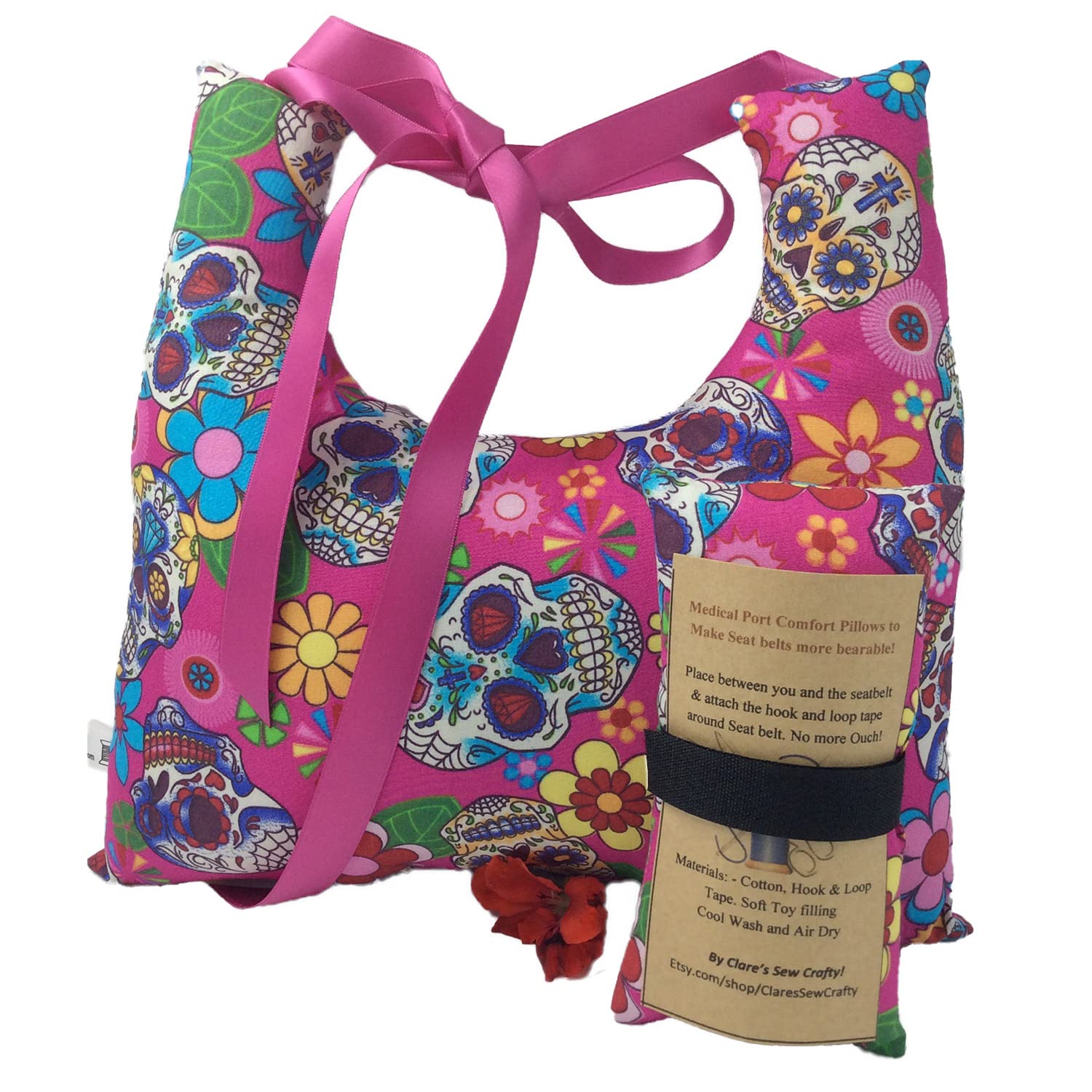10"x9" Underarm Single Mastectomy Lumpectomy Augmentation Gift Set with Seatbelt Pillow, Breast Cushion Pillow SLNB Top Surgery (PINK CANDY SKULLS) โ image 1