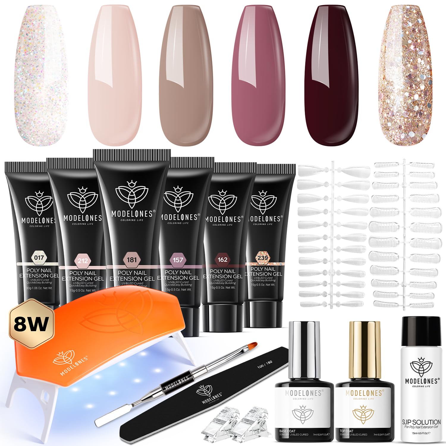 modelones Poly Extension Gel Nail Kit 6 Colors with 8 W Nail Lamp Brown Red Gel Kit Nude Glitter Complete Starter Tools for Beginner DIY at Home for Women