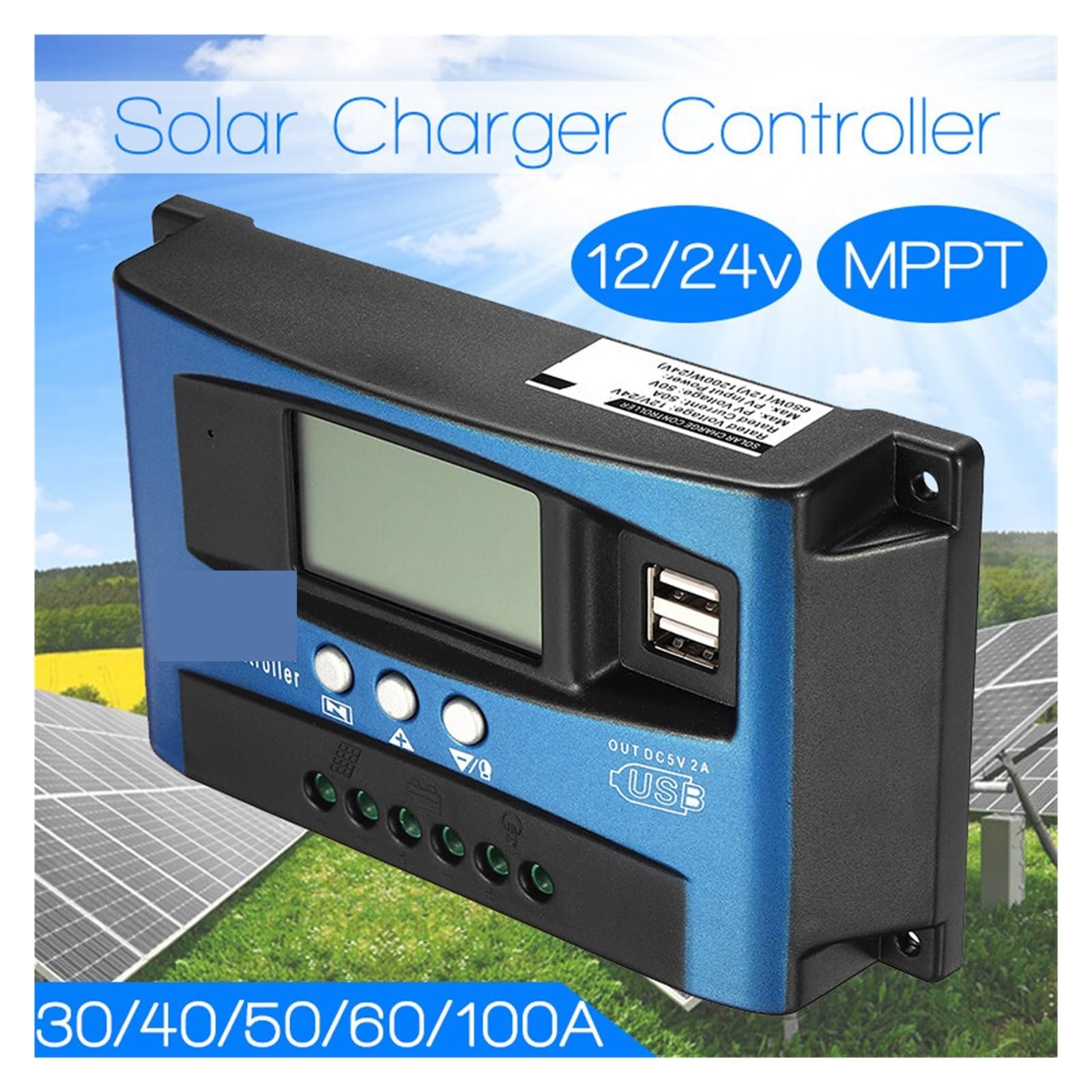 Controlador De Carga Solar MPPT 30/40/50/60/100A, Pantalla LCD USB Dual, Regulador Cargador Panel Células Solares Automático 12V/24V Con(60A)