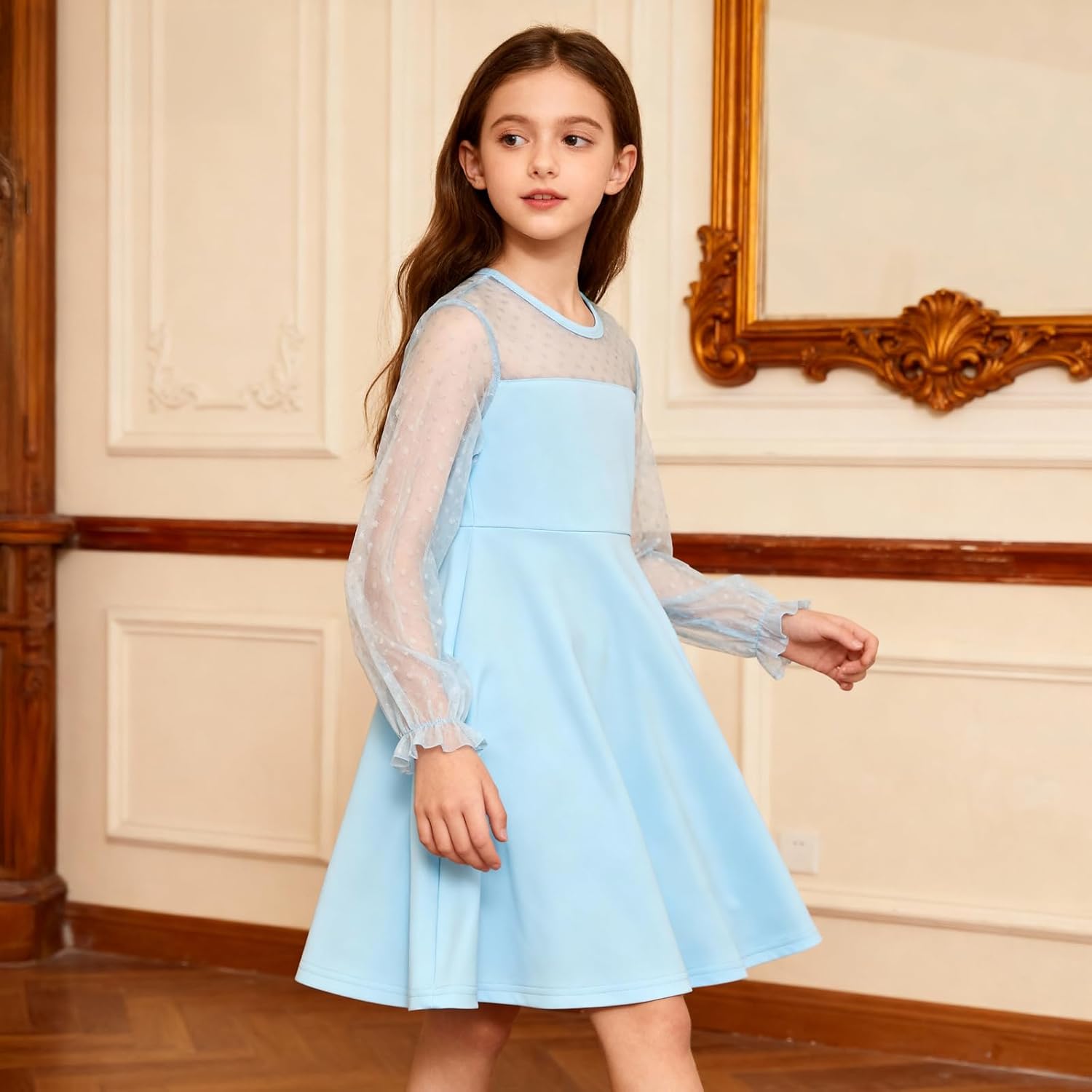 Girls Christmas Dress Girls Contrast Mesh Long Sleeve High Waist Party Formal A Line Short Tulle Dress 5-14 Years - Image 5