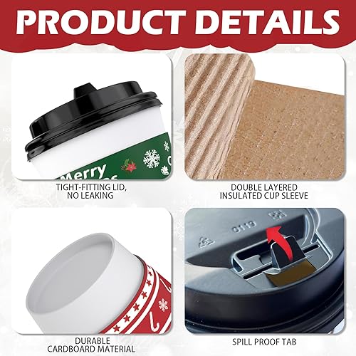 Miniatura 3 de 60 juegos de tazas de café desechables de Navidad con tapas y mangas, tazas de chocolate caliente aisladas de papel de 12 onzas para suministros de