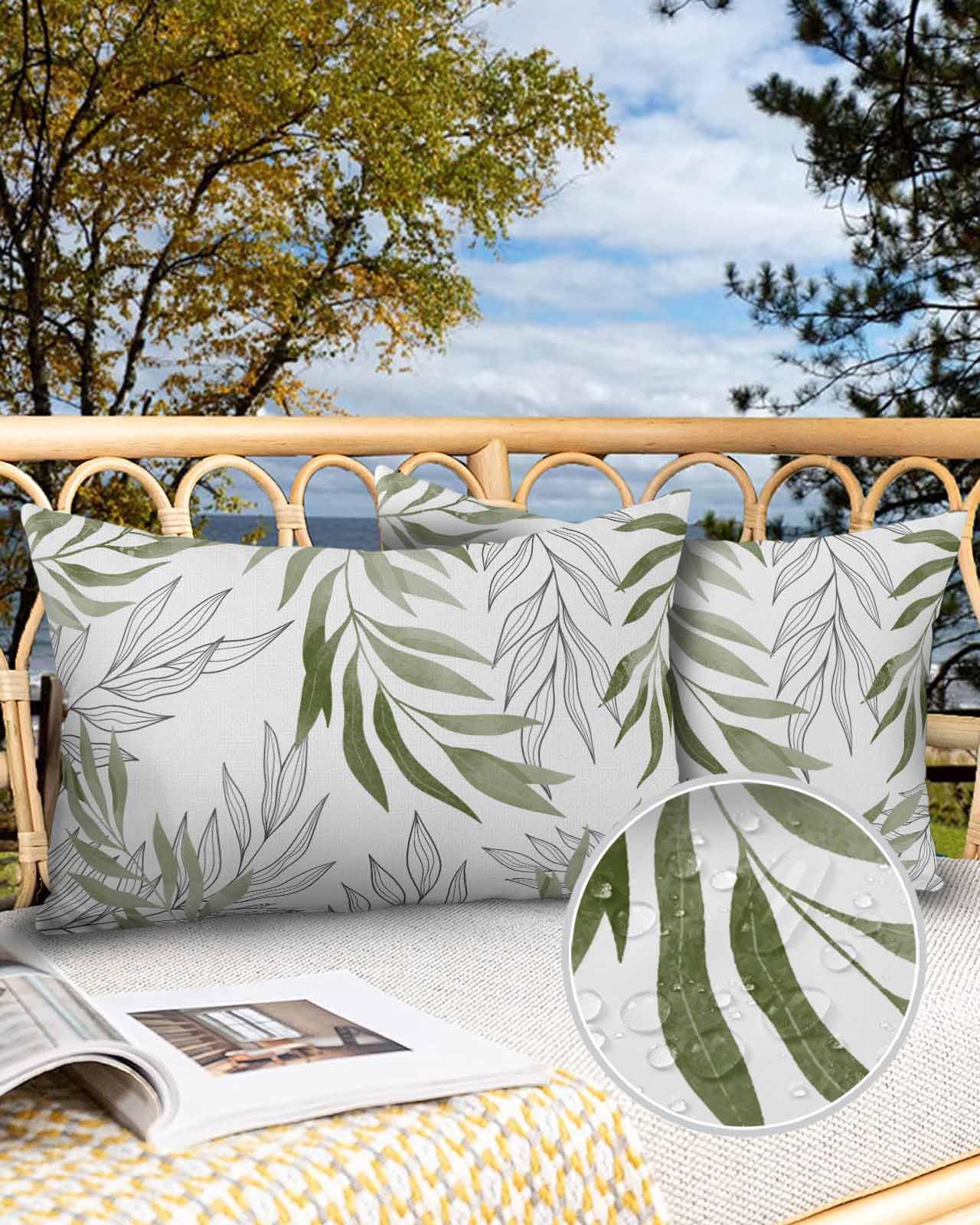 Edwiinsa Sage Green Leaves Outdoor Pillow Covers Waterproof, All Weather Cushion Case Set of 2, Geometric Black Lines White Simple Lumbar Pillowcase for Sofa Couch Bed Decor Patio Furniture 20
