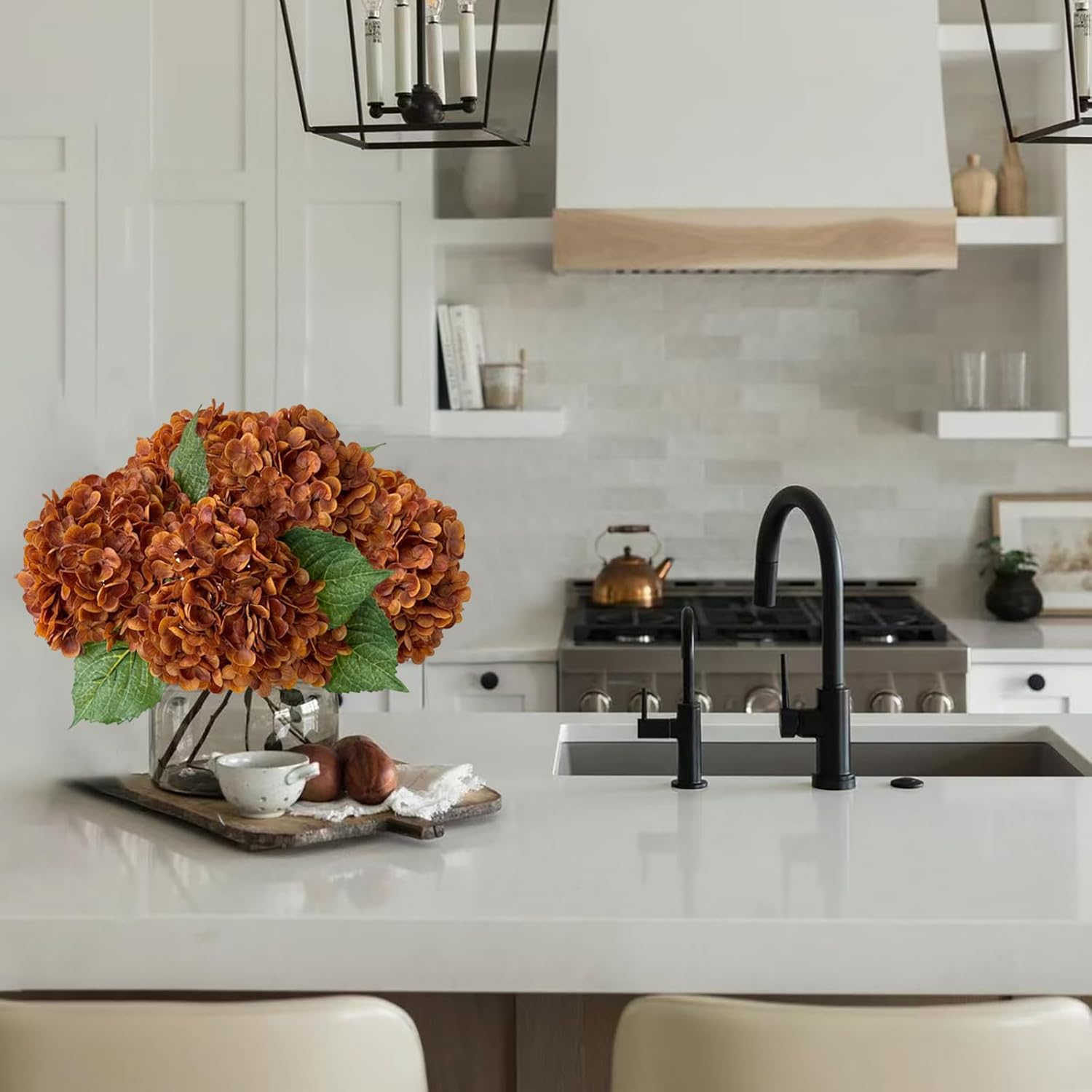YalzoneMet 3 Pcs Orange Brown Hydrangea Artificial Flowers 21‘’ Real Touch Latex Hydrangea Fake Flowers for Fall Home Decor Party Kitchen Bedroom Bronze Vintage Flower Table Centerpieces - Image 2