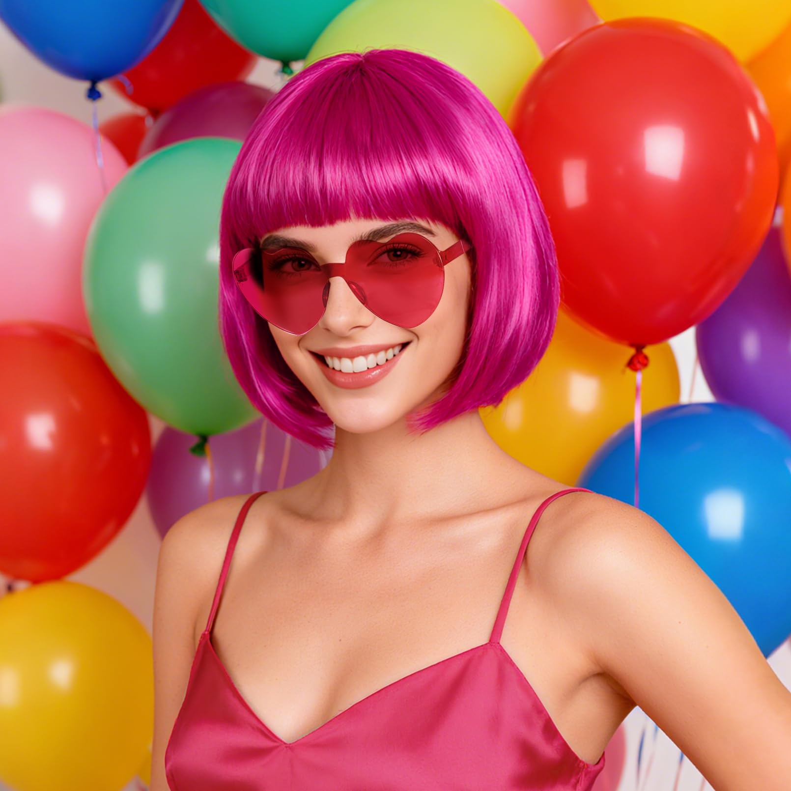 Bob Wig and Sunglass Set Party Wigs Hair Wigs for Women Wig Caps for Halloween Costume Cosplay Party (Hot Pink) - Image 4