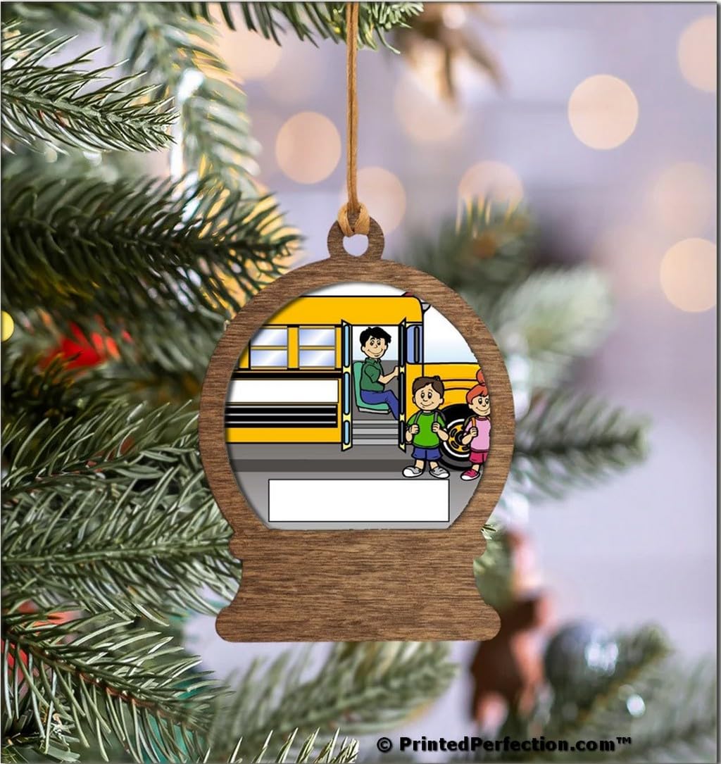 PrintedPerfection.com Personalized School Bus Driver - Male Wooden Snow Globe Shaped Christmas Ornament