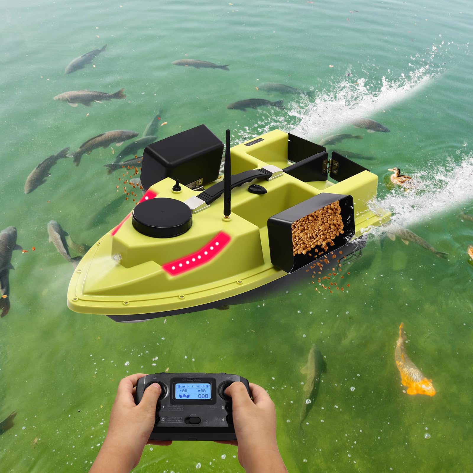 Bateau à appât de 500 m, avec télécommande et GPS, pour la pêche nocturne, 2 kg, pour réservoirs et lacs, vert