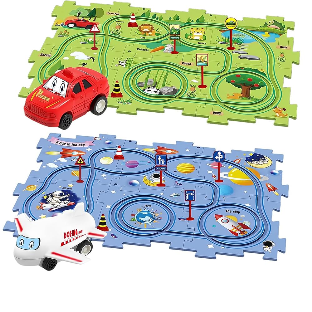 Pista Macchinine per Bambini DIY Pista del Puzzl DIY Rotta Gioco Giocattolo Educativi Regalo Giochi Bambini (Spazio/Terrestre)