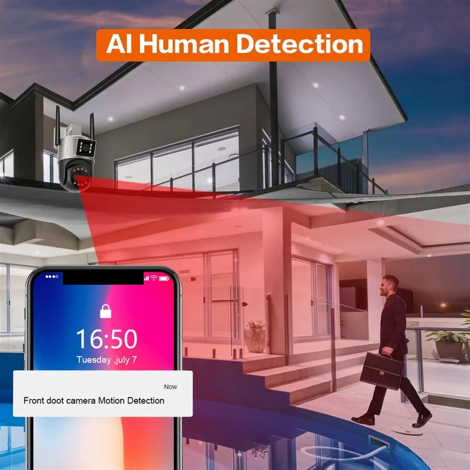 Caméra de sécurité, 9MP 5K caméra IP extérieure Trois objectifs 8X Zoom AI Humain détecter Suivi Automatique de survalance 360 ​​° Support(9MP Camera Add 128GB)