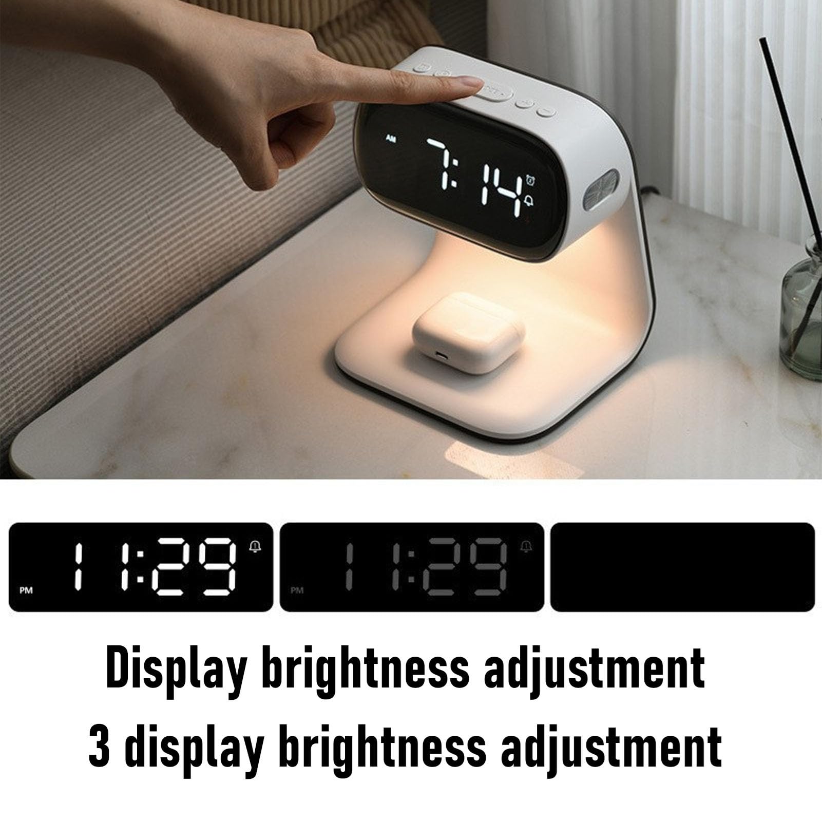 ASHATA Sveglia LED con stazione di ricarica wireless rapida per soggiorno, luce notturna a 3 colori