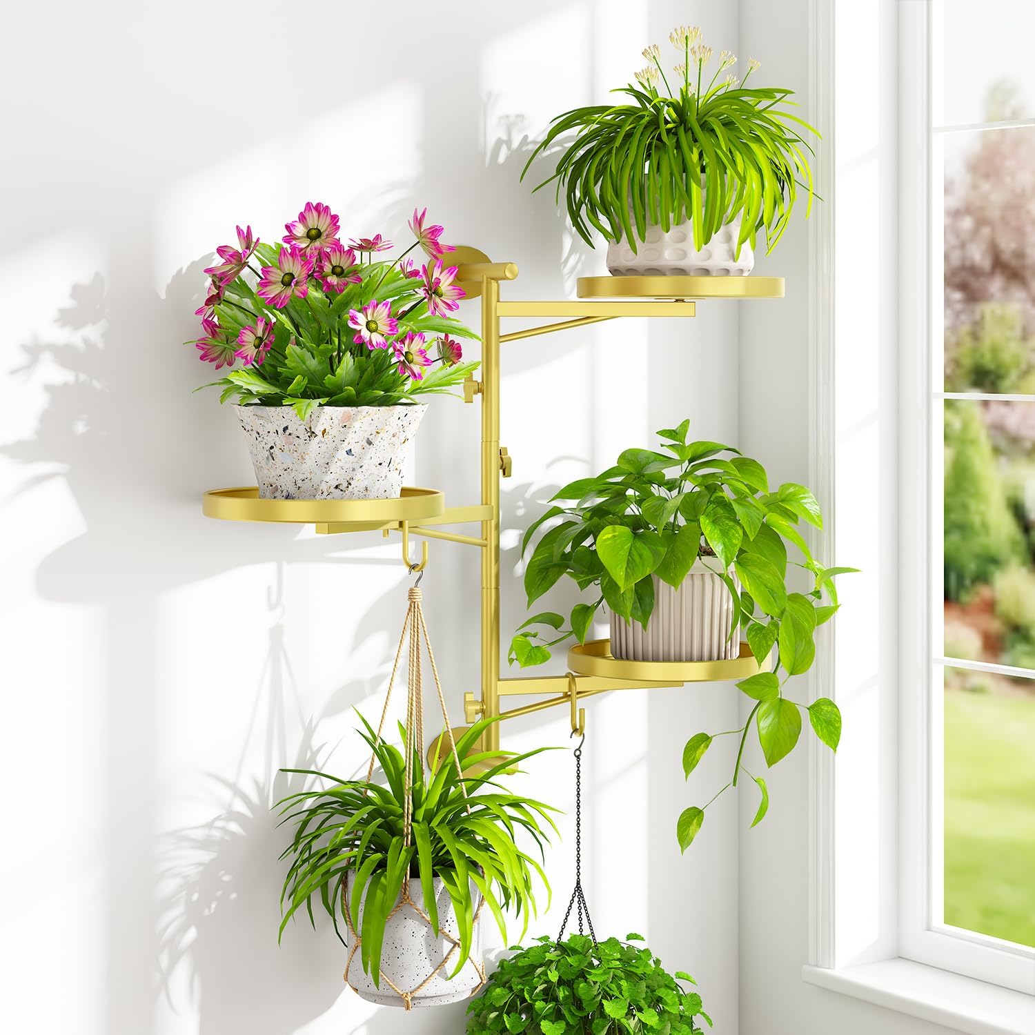 iDavosic.ly Rotating Window Plant Shelves, 3-Tier Metal Wall Stand with 2 Hooks, Flower Display Holder Rack for Living Room, Space Saving, Gold (Pots/Chains/Plants Not Included)