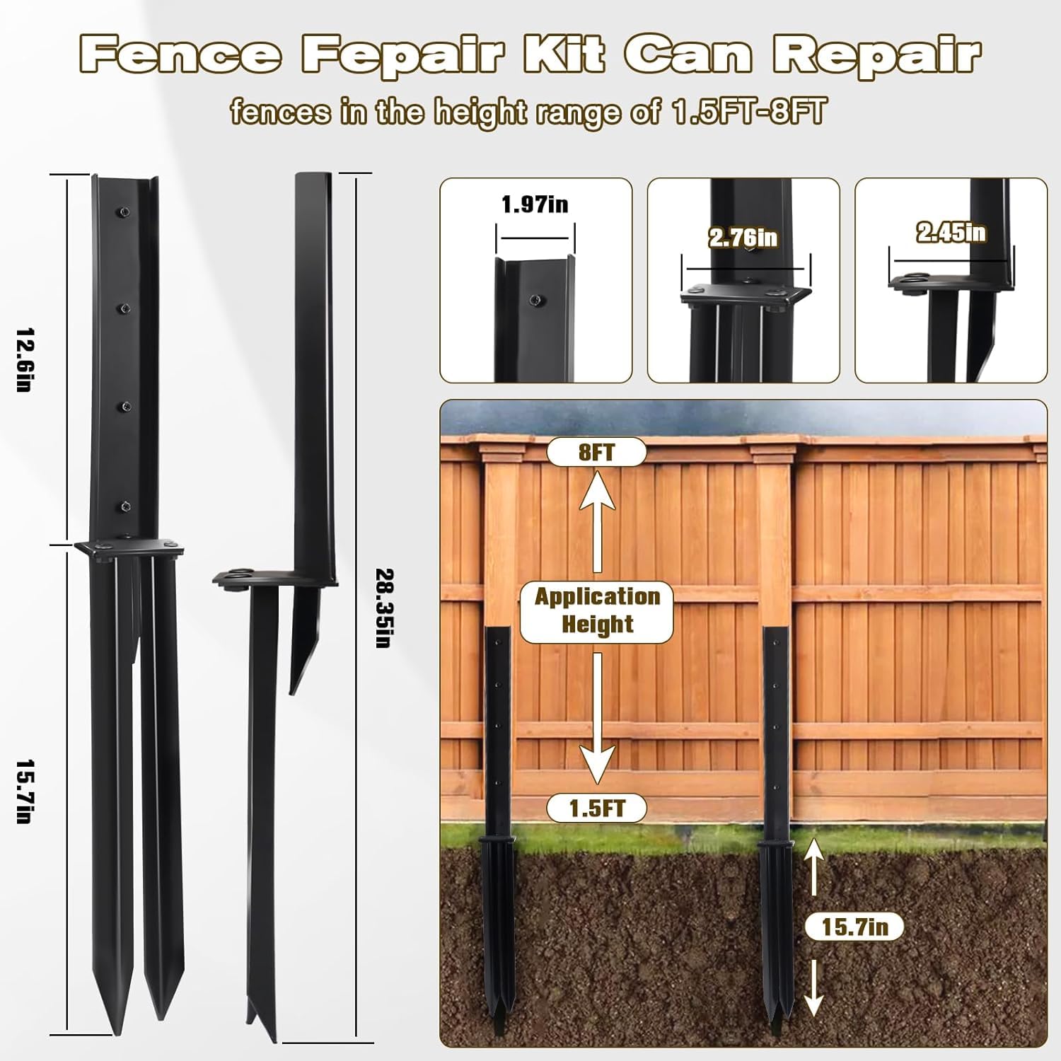 Upgraded Fence Post Repair Kit 4 Pack, Thickened Fence Post Repair Stakes for 4x4/6x6 Wood Posts, Heavy Duty Steel Fence Post Anchor Stabilizer for Fixing Tilted/Broken Wooden Fence Post Support - 4