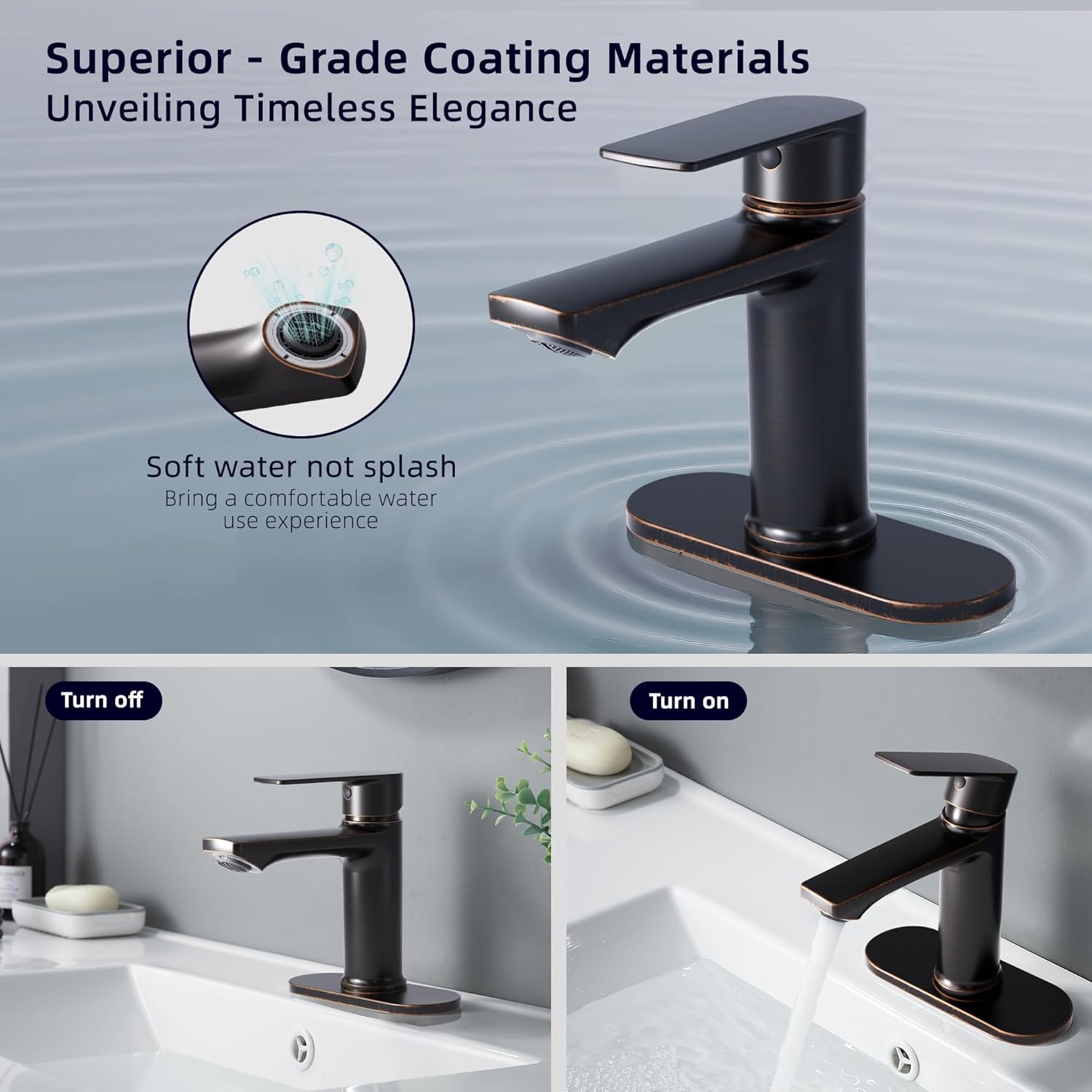 BELZ Oil Rubbed Bronze Bathroom Faucet, Modern Single Handle One Hole Bath Vanity Sink Faucet with Pop Up Drain and Deck Plate for 1 or 3 Holes