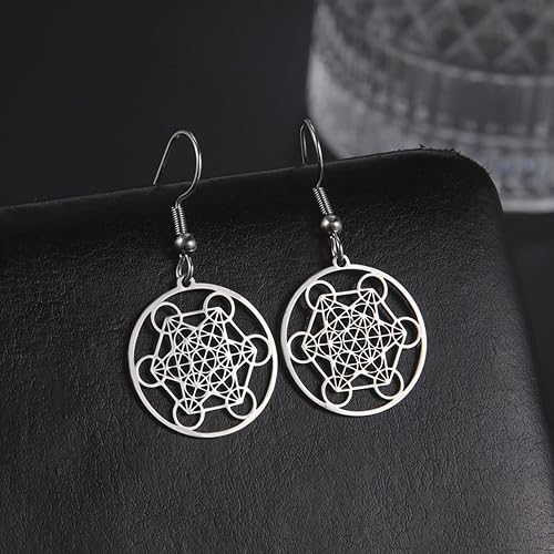 Miniatura 3 de Metatron - Aretes de cubo para mujeres y niñas, de acero inoxidable con geometría sagrada de flor de la vida, aretes hexagonales, joyería de estilo