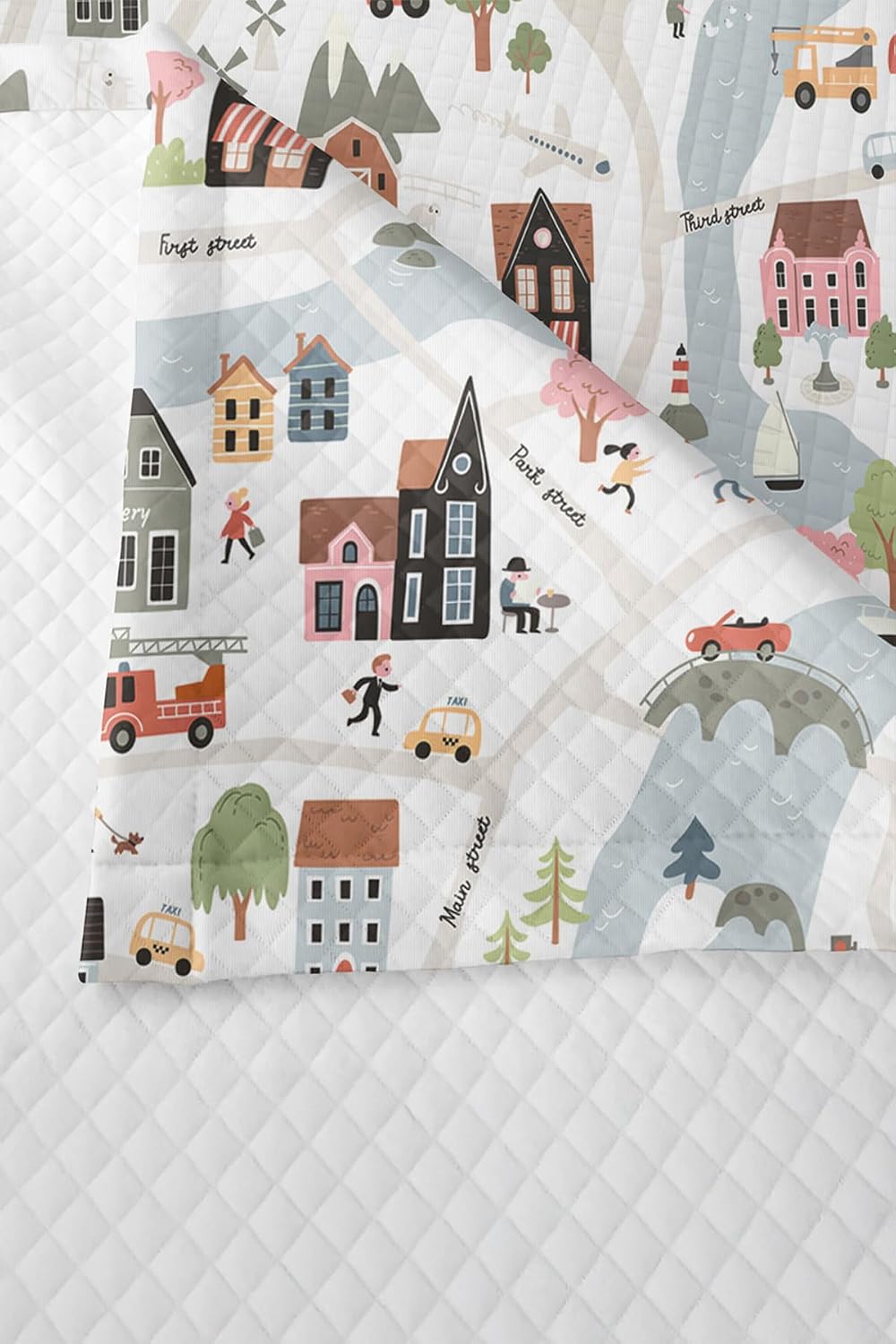 SODEF Quilt Set Twin Size City and Vehicle Pattern for Kids and Teens, Lightweight Cotton Polyester Blend, 2 Piece Set, Breathable, Multicolor - Multicolor, One Size
