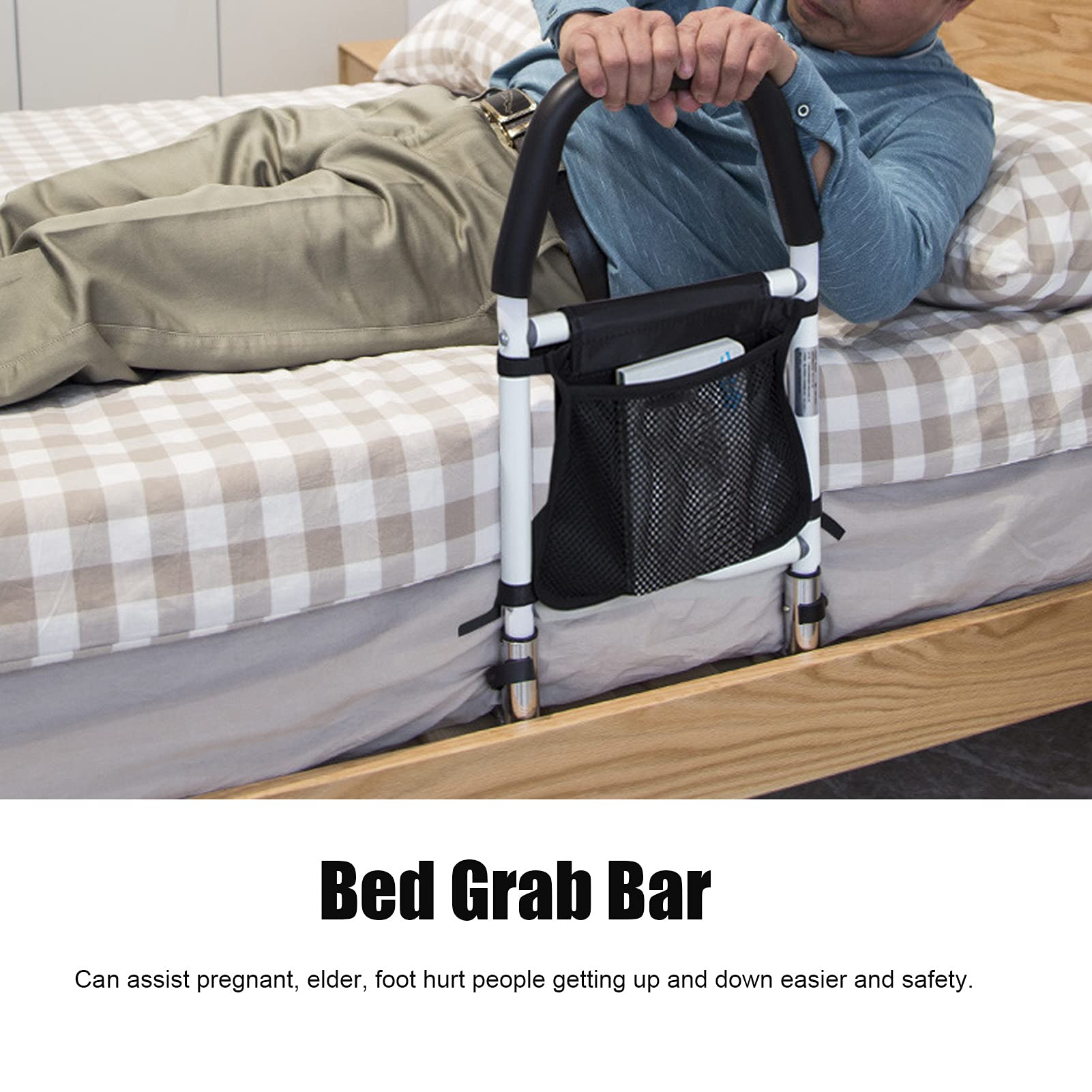 Naroote Barandilla de Cama para Personas Mayores con Protector de Mano y Bolsa de Almacenamiento Asistencia Segura para Subir y Bajar Fabricada de Acero Al Carbono 20.7x10.6x23.6in