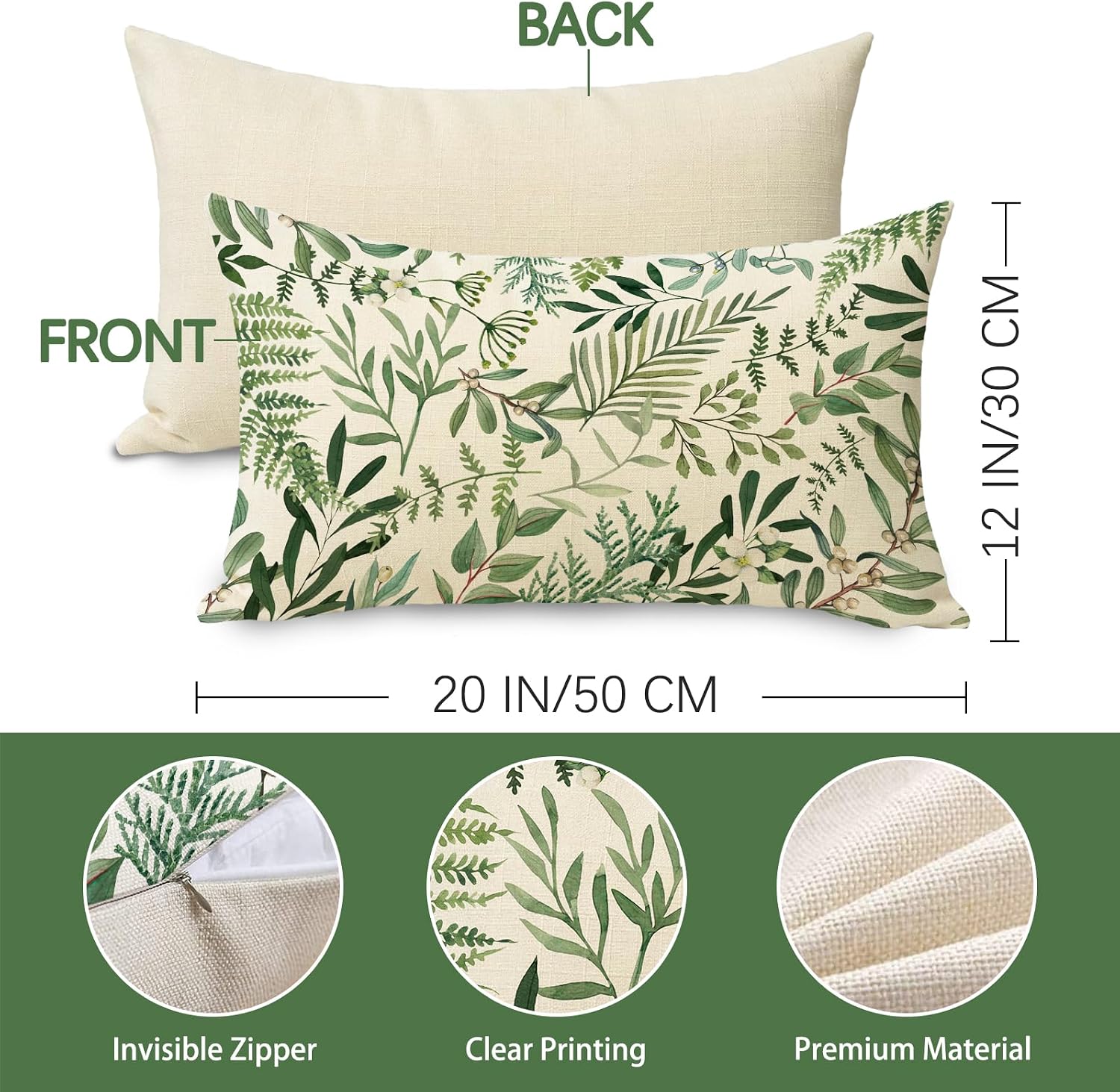 Green Leaves Lumbar Decorative Throw Pillow Cover 12 x 20 image 3