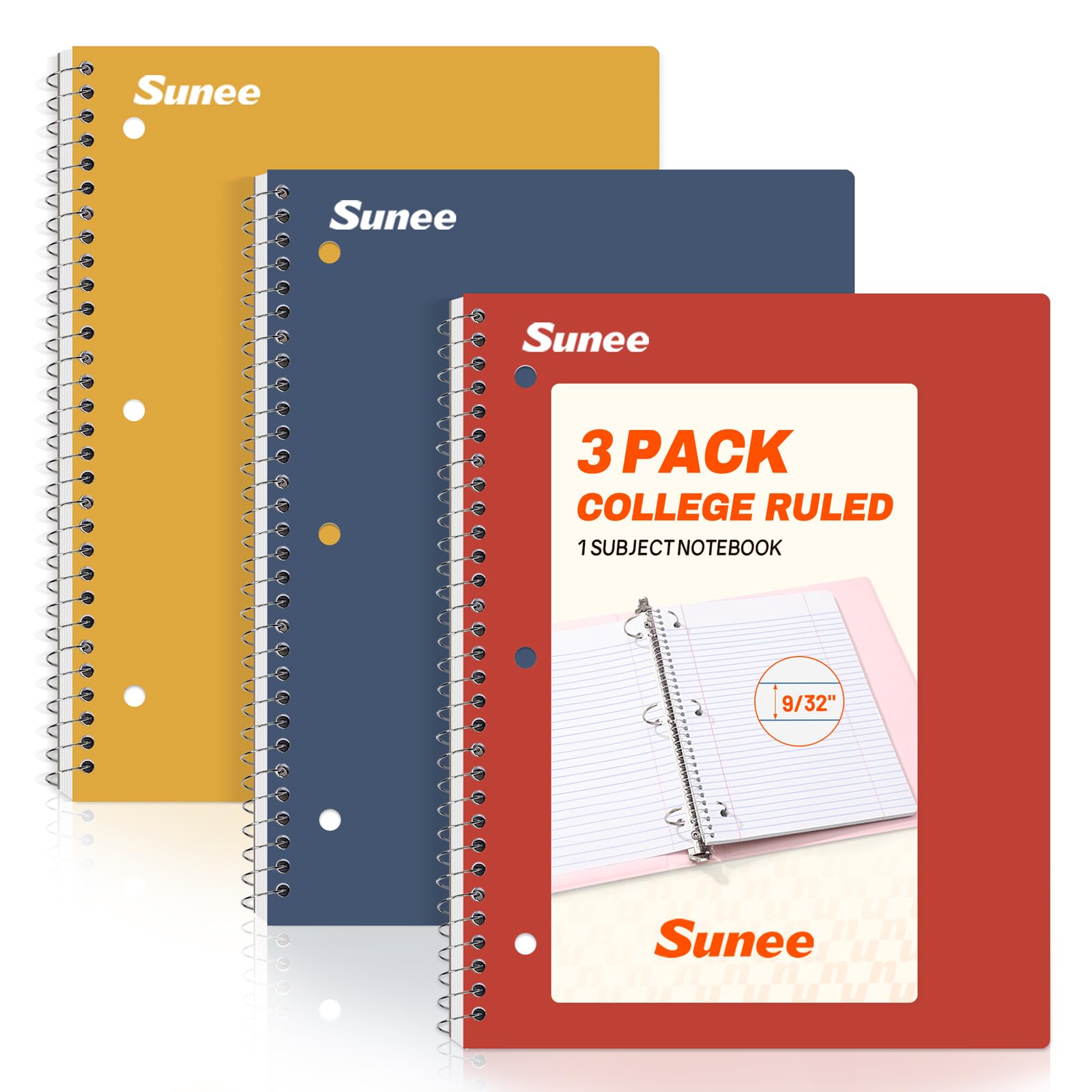 SUNEE Quaderni a spirale, confezione da 3, 1 soggetto, carta a righe universitarie, 20,3 x 25,1 cm, 70 fogli per quaderno, colori assortiti, quaderni a spirale per la scuola (rosso mattone, blu