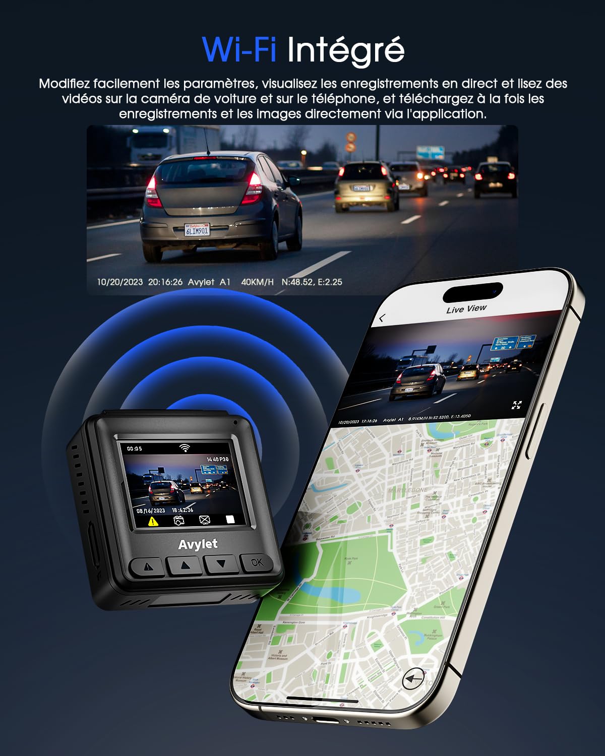 Avylet 2K Dashcam Voiture, 1440P Wi-FI Caméra Embarquée Voiture App, Mini Dash Cam Avant, GPS Externe, Écran IPS de 1.5", Vision Nocturne, WDR, 24H Mode Parking, Capteur G, Enregistrement en Boucle