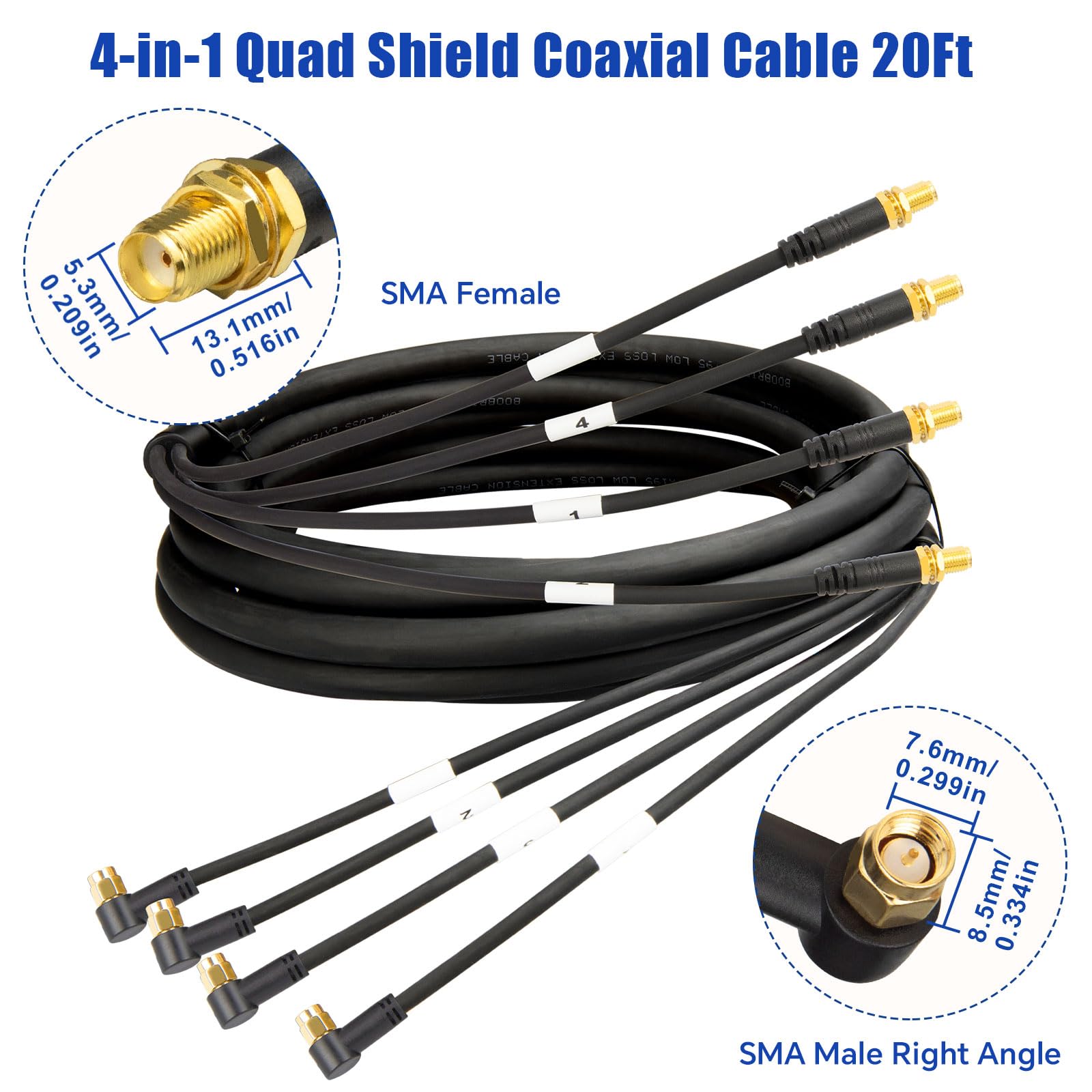 Quad-195 Câble d'extension SMA mâle 90 vers SMA femelle 6,1 m
