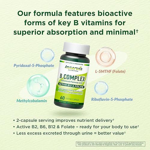 Miniatura 4 de Complejo B bioactivo con B12 activo y folato - Apoya la energía, la salud del cerebro y los nervios, 60 cápsulas veganas