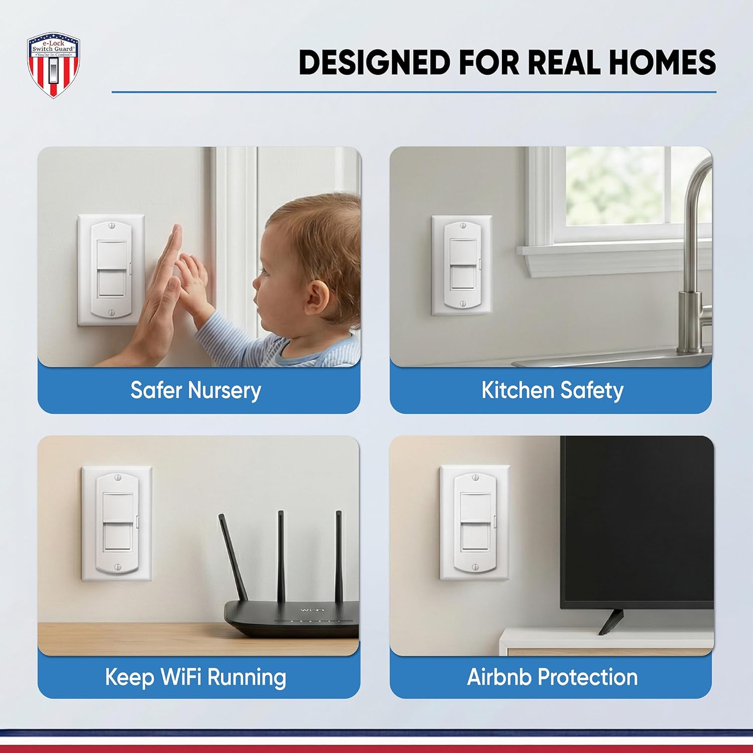 eLock Switch Guard for Decora/Rocker Switches | Child Proof Light Switch Lock with ON/OFF Push Button | Made in USA | Protect TV's, Security Camera, Gas Fireplace | Safety Cover | White | 4 Pack