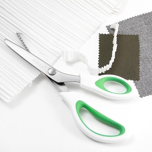 Miniatura 9 de JYTUUL Tijeras de tinta verde de 9.5 pulgadas, hoja de acero inoxidable afilada, tijeras de costura en zig zag para tela, papel y cuero, agarre