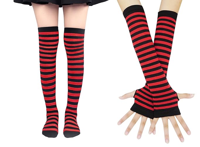 Bienvenu Womens Socks Striped Knee High Socks Arm Warmer Fingerless Gloves Set - Red