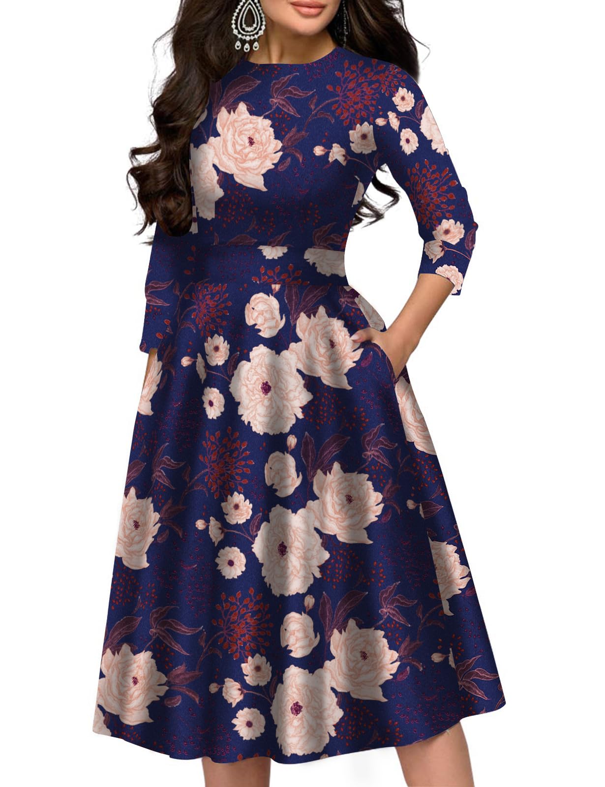 Simple Flavor Women's Floral Vintage Dress Elegant Midi Evening Dress 3/4 Sleeves