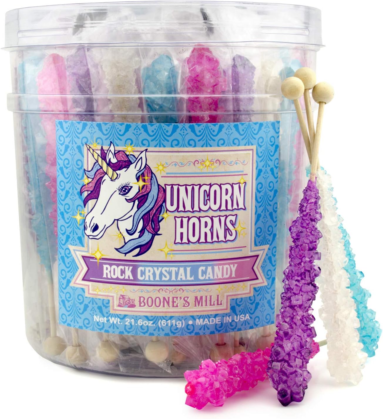 Unicorn Party Rock Crystal Candy Sticks | Unicorn Horns | 36 Count Assorted - Blueberry, Grape, Pink Cotton Candy, Original | Boone's Mill