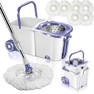 MASTERTOP Spin Mop and Bucket System with Wringer Set, Mop Buckets Separate Clean and Dirty Water, 6pcs Microfiber Mop Pads, 51.2 Inch Stainless Steel Handle, Stackable & Detachable