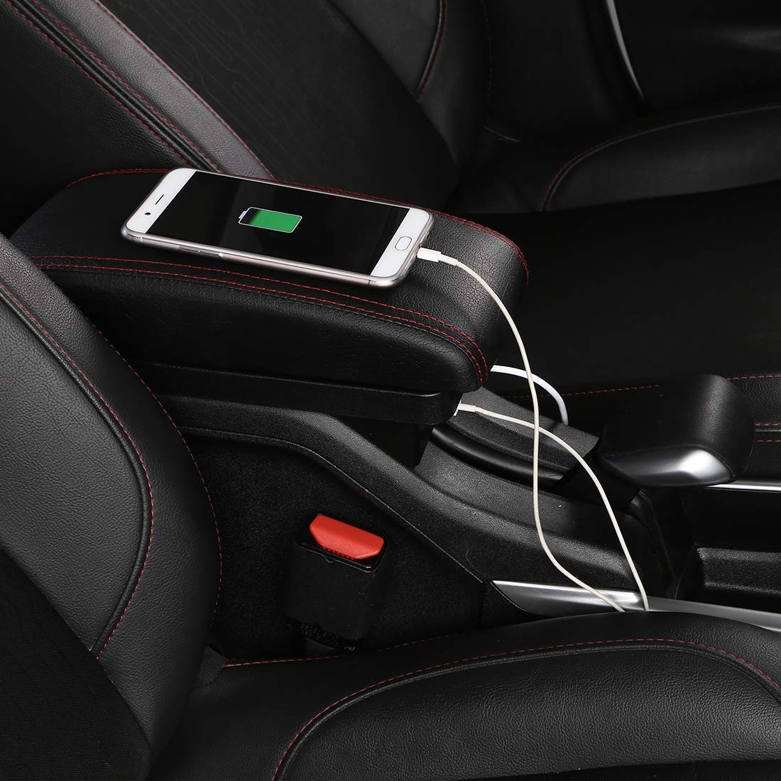 YJYWZH für Peugeot 2008 Armlehne mit 3 USB-Anschlüssen Doppelschichtige Mittelkonsole Aufbewahrungsbox Jahre der Anpassung 2012-2018(Rote Nahte)